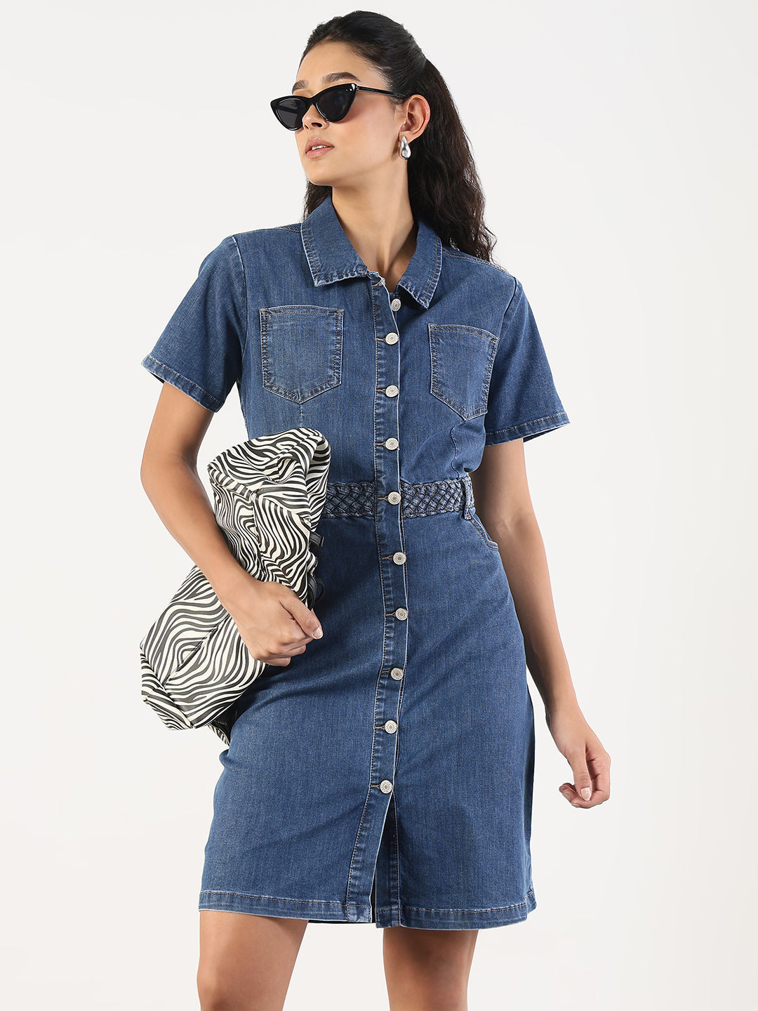 Women's Solid Blue Denim A-Line Above Knee Dress