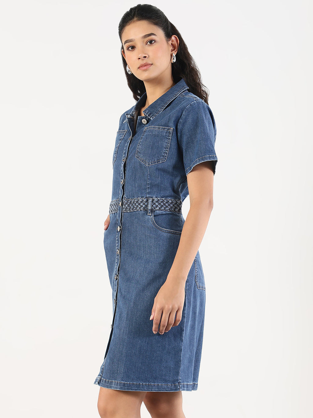 Women's Solid Blue Denim A-Line Above Knee Dress