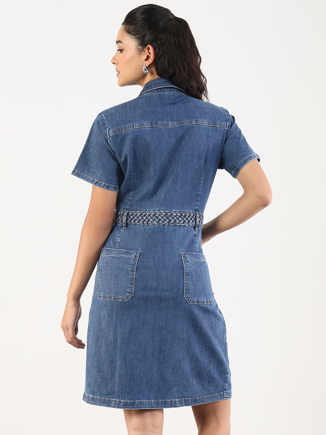 Women's Solid Blue Denim A-Line Above Knee Dress