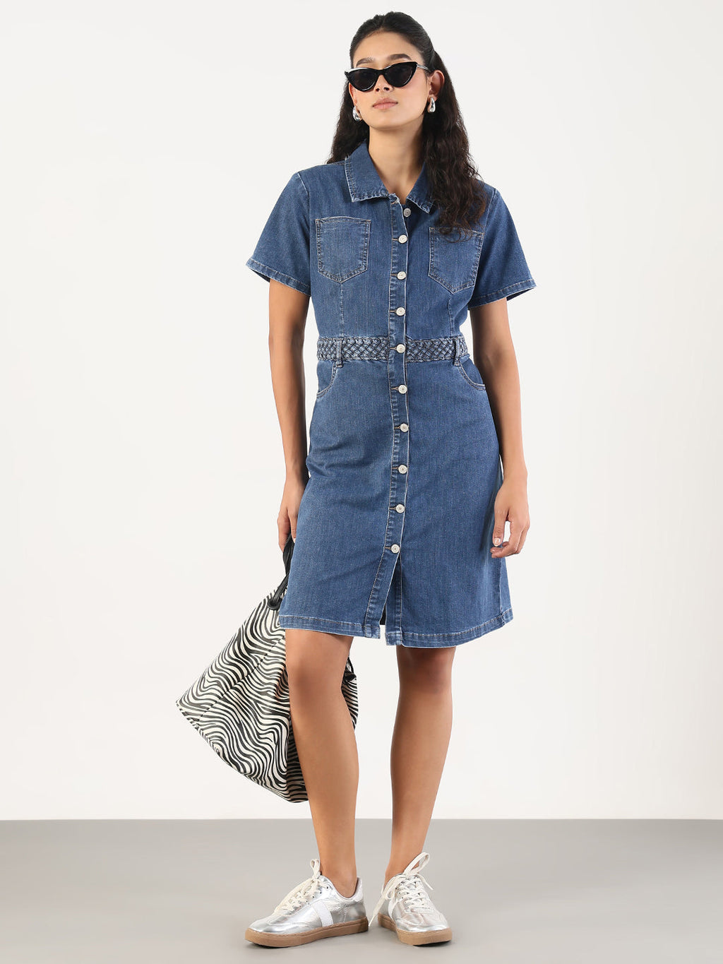Women's Solid Blue Denim A-Line Above Knee Dress