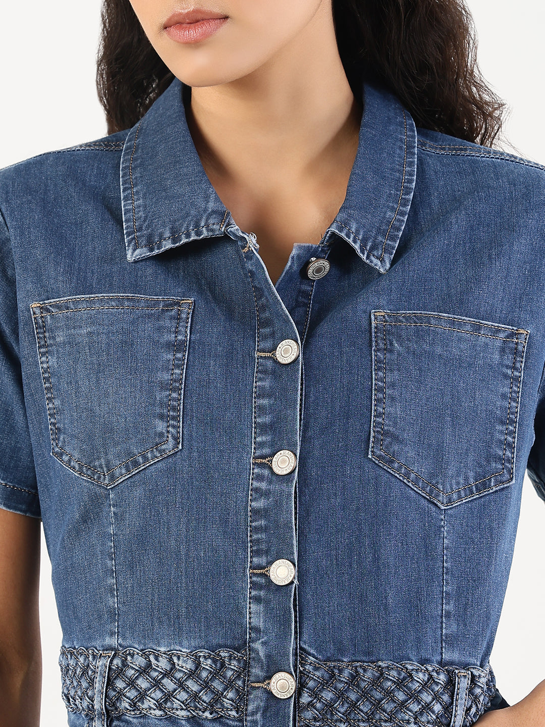 Women's Solid Blue Denim A-Line Above Knee Dress