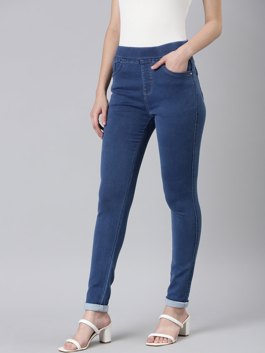Women's Blue Jean Skinny Fit Cuffed Hem High-Rise Denim Jeans