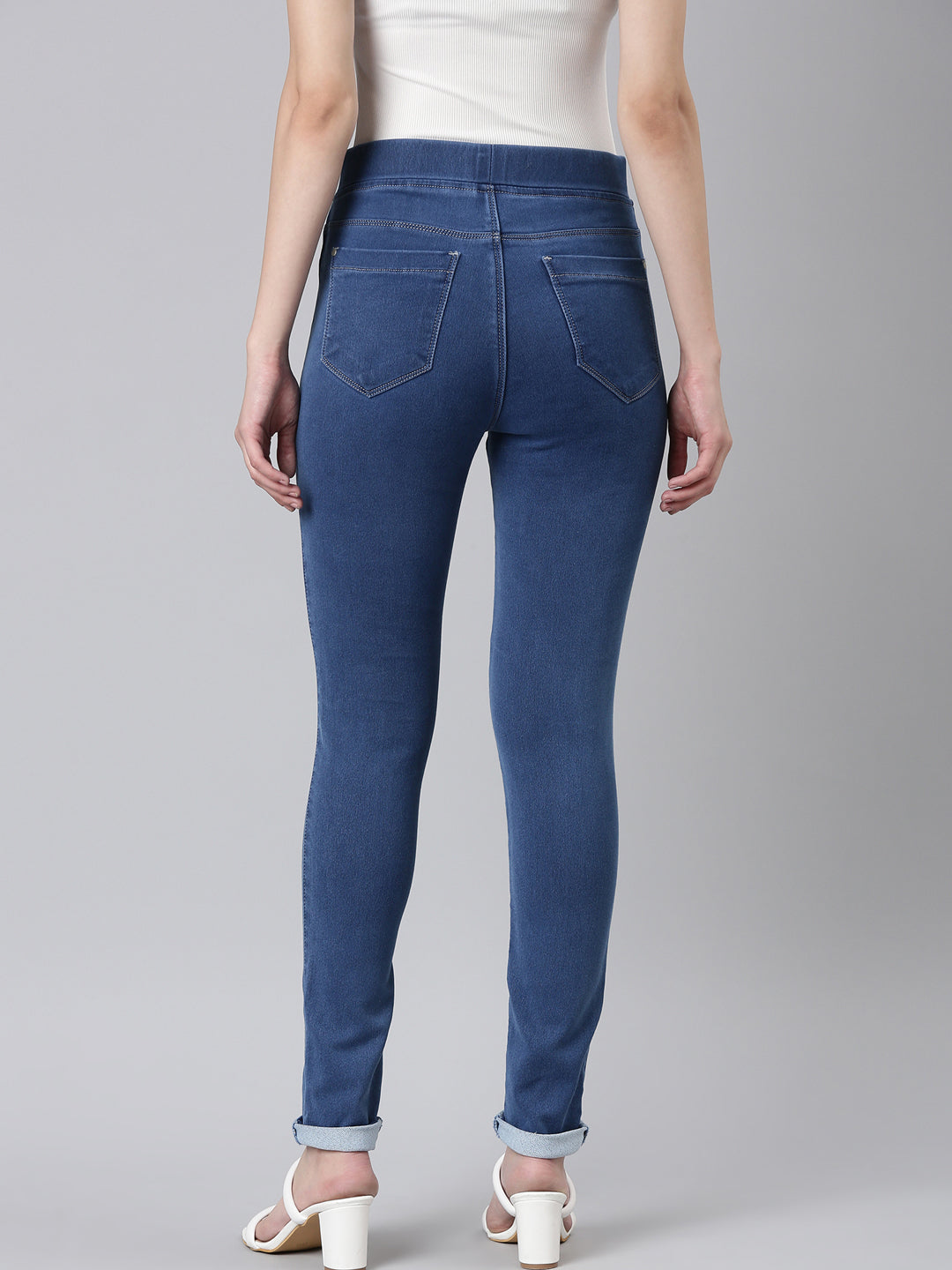 Women's Blue Jean Skinny Fit Cuffed Hem High-Rise Denim Jeans