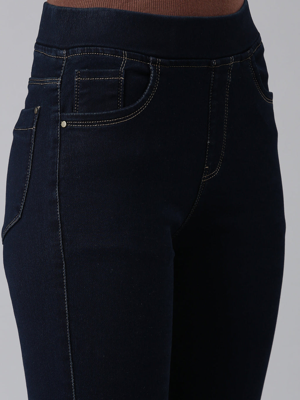 Women's Navy Blue Cuffed Hem Skinny Fit Mid-Rise Denim Jean