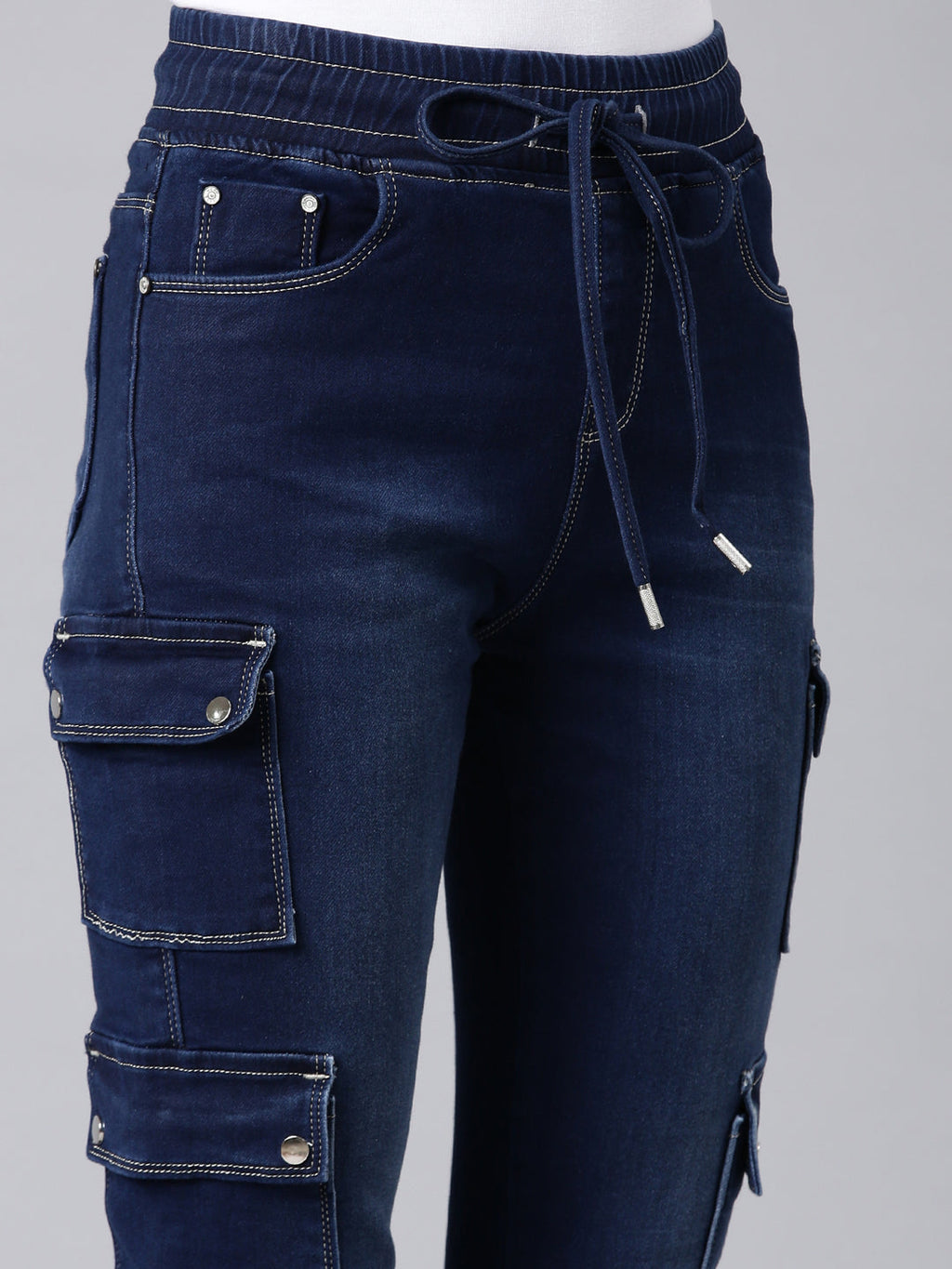 Women's Navy Blue Jogger Mid-Rise Light Fade Acid Wash Denim Jeans