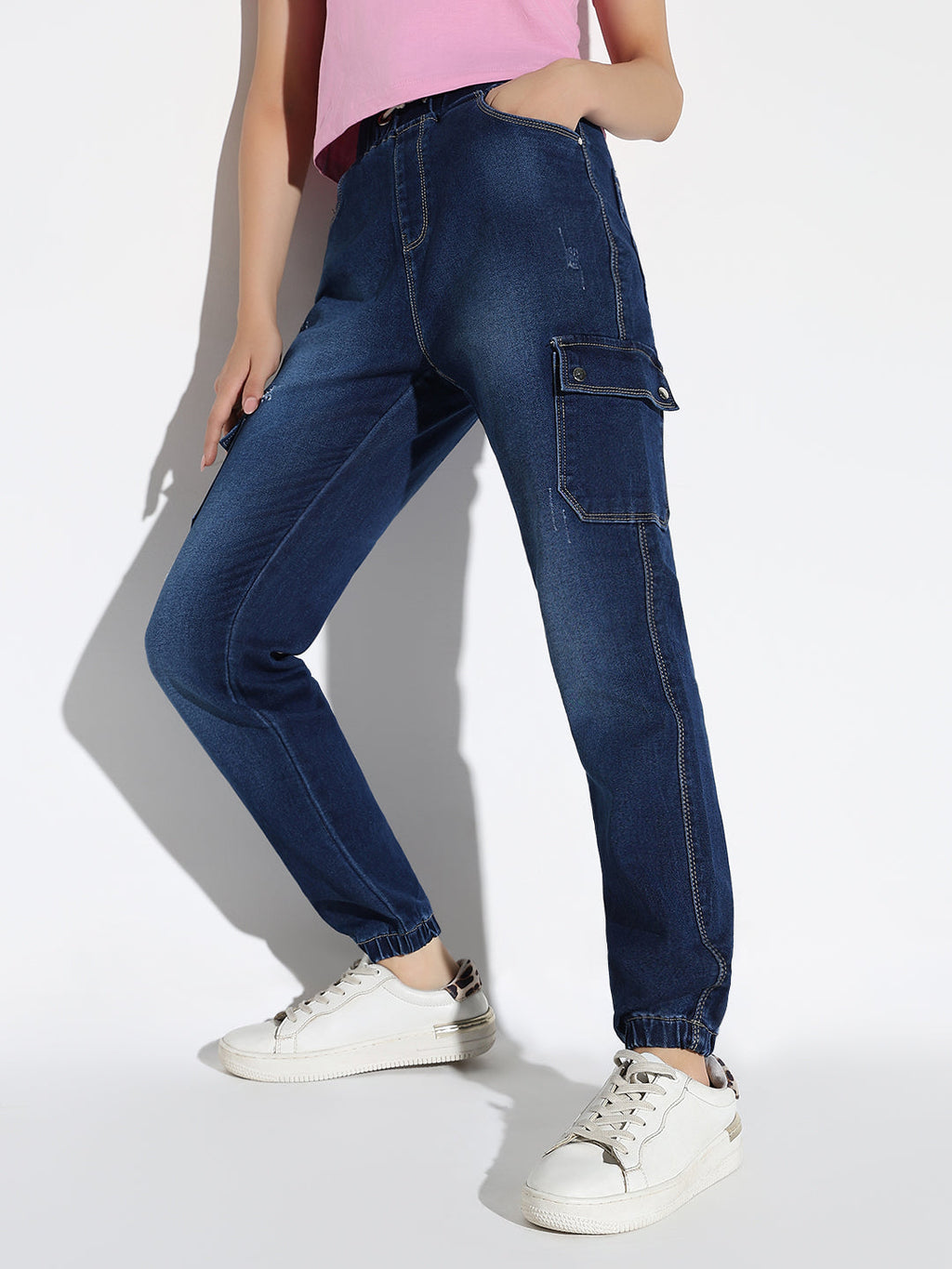 Women's Blue Comfort Jogger Light Fade Acid Wash Stretchable Regular Fit Jeans