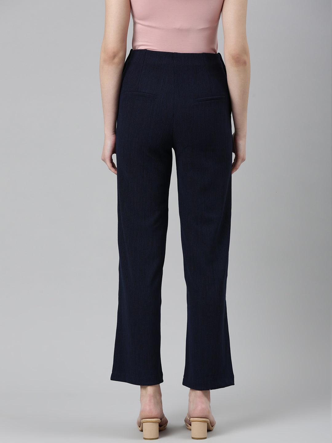 Women's Navy Blue Self Design Straight Fit High-Rise Cotton Parallel Trousers