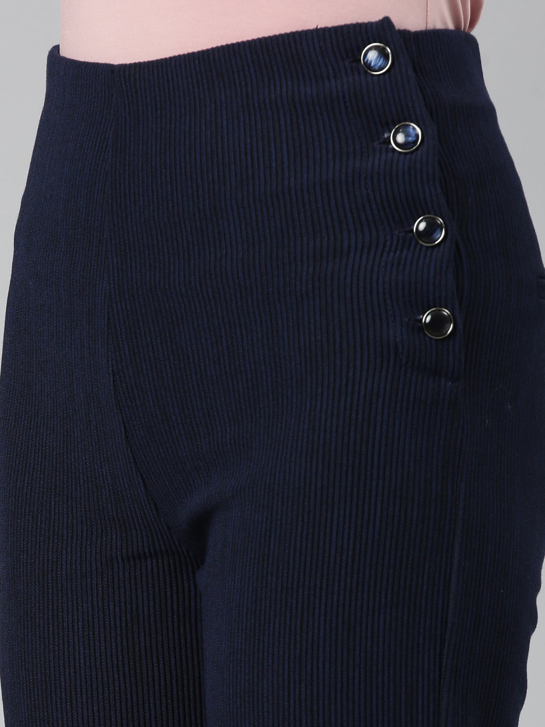 Women's Navy Blue Self Design Straight Fit High-Rise Cotton Parallel Trousers