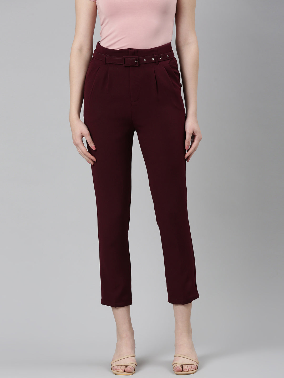 Women's Burgandy High-Rise Pleated Peg Trousers