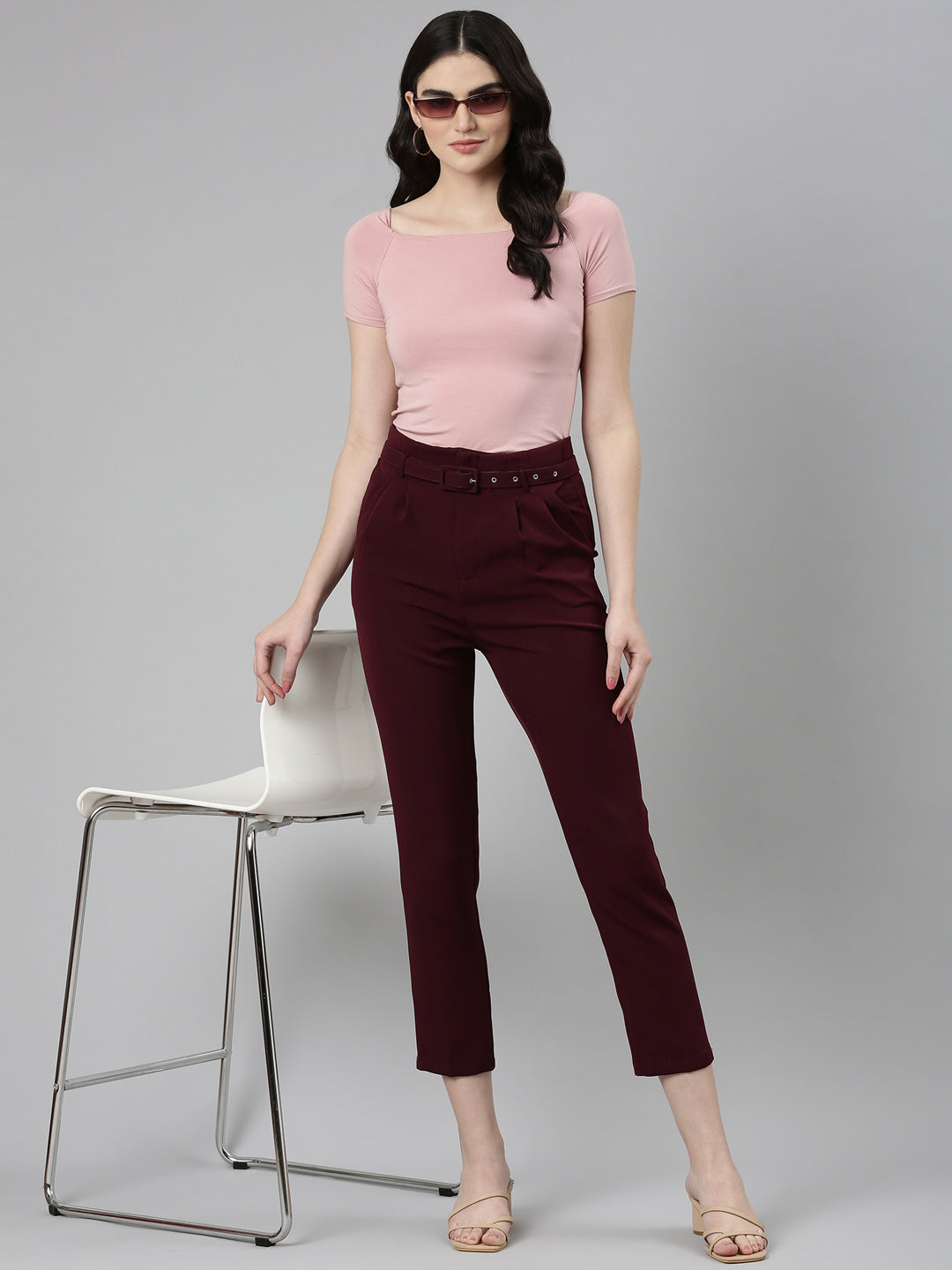 Women's Burgandy High-Rise Pleated Peg Trousers