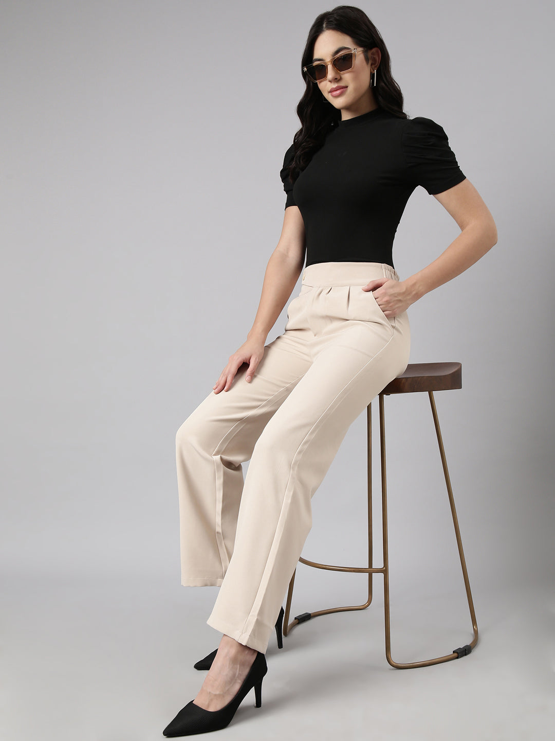 Women's Beige Comfort Regular Fit Cotton Parallel Trouser