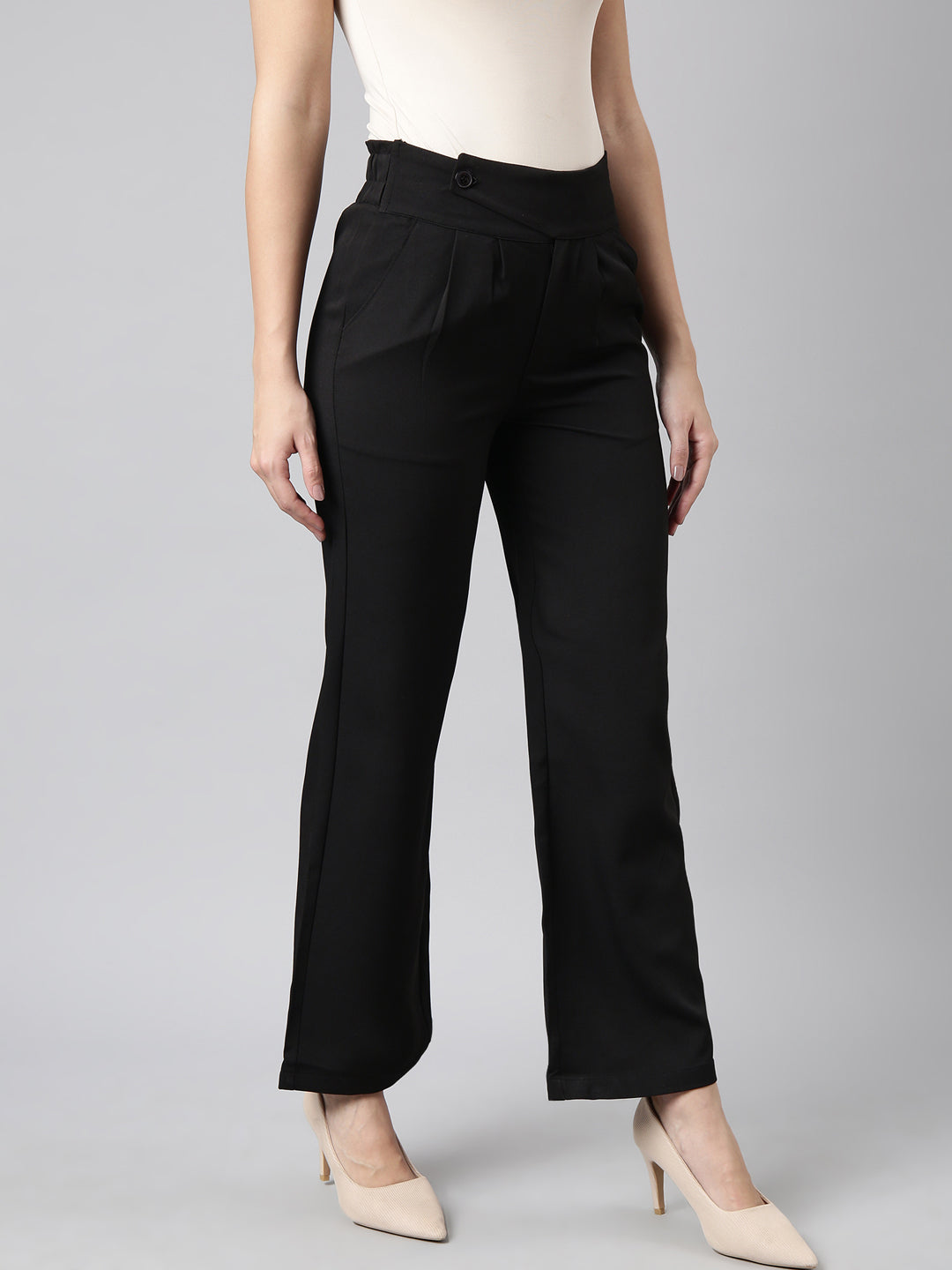 Women's Black Regular Fit Cotton Comfort Pleated Parallel Trousers