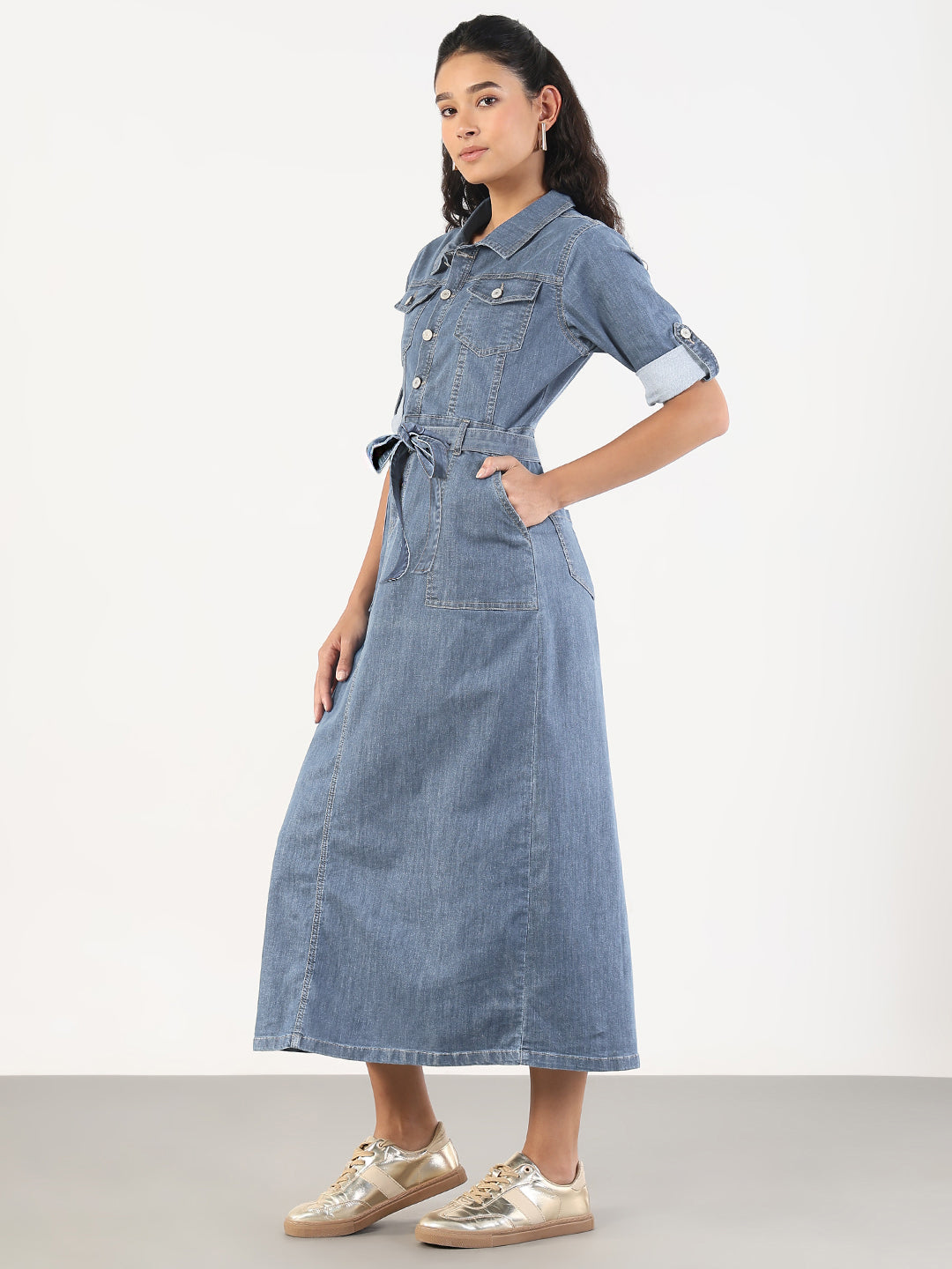 Women's Denim Shirt Style Midi Dress with Fabric Belt