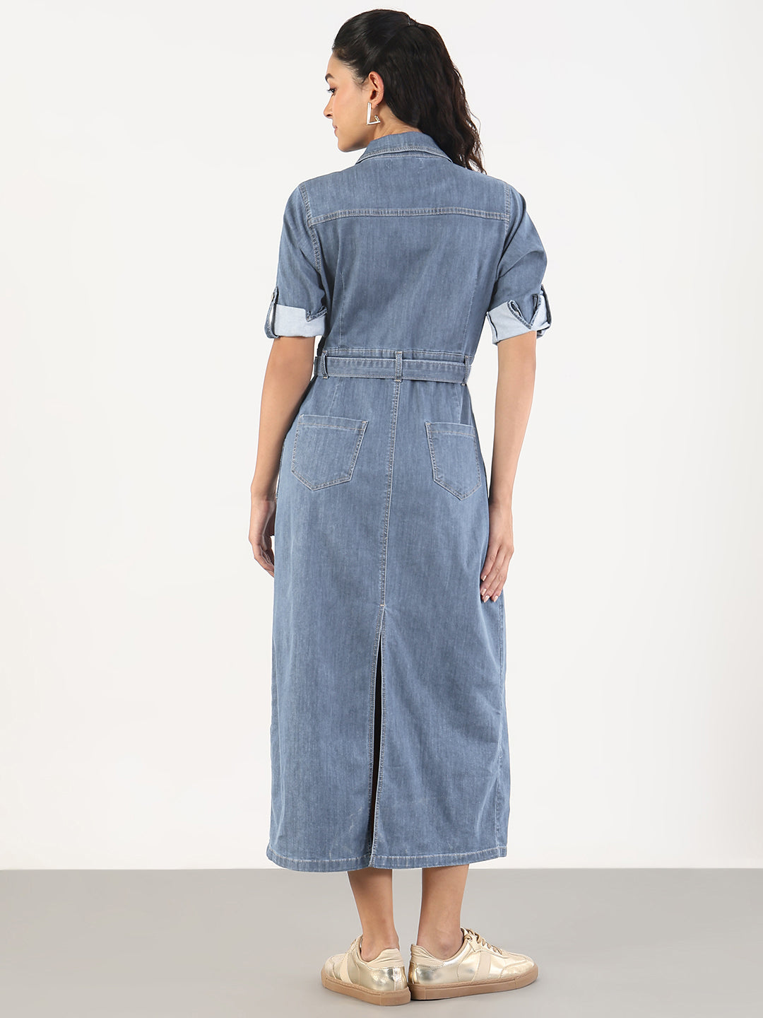 Women's Denim Shirt Style Midi Dress with Fabric Belt