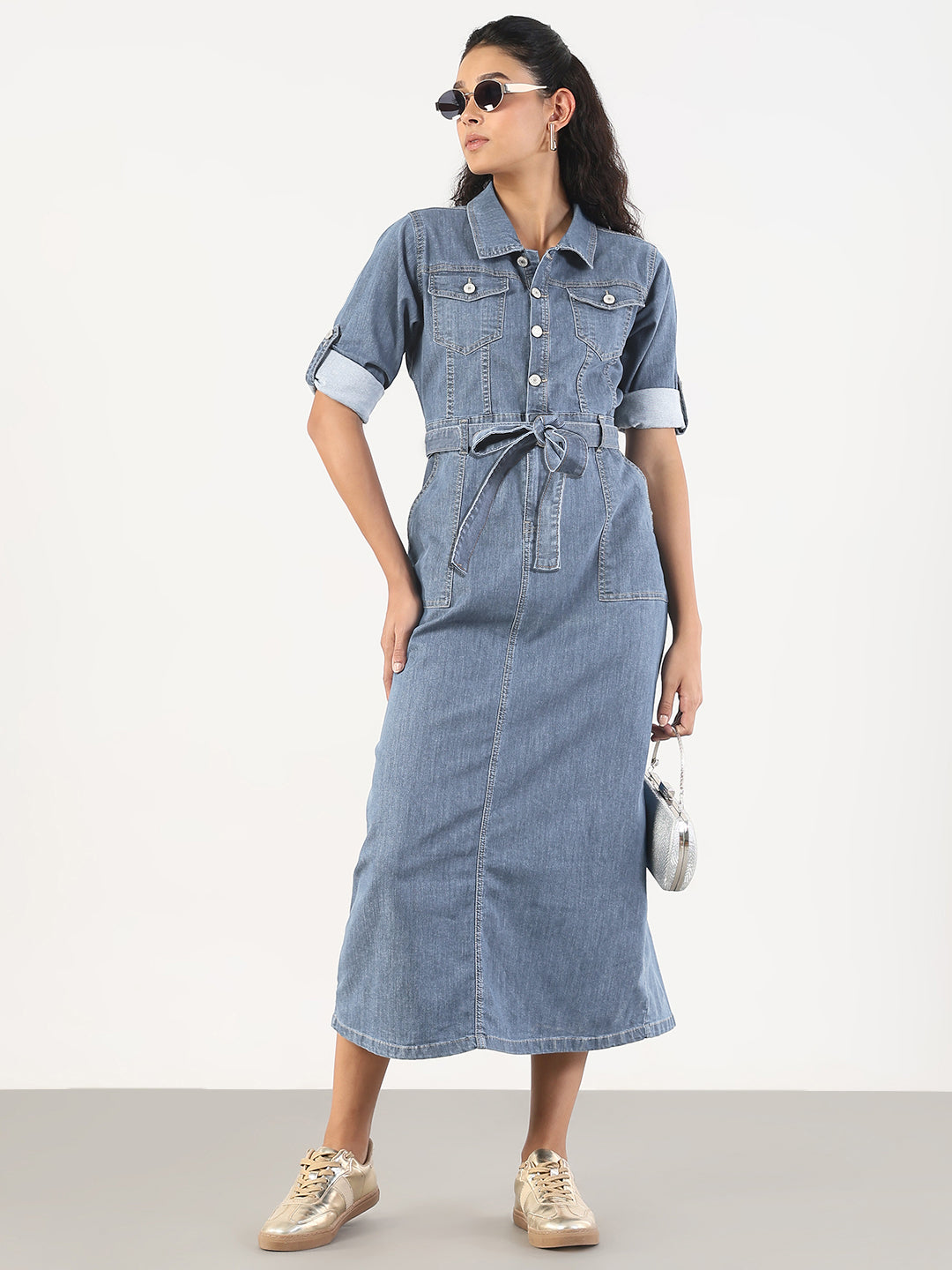 Women's Denim Shirt Style Midi Dress with Fabric Belt