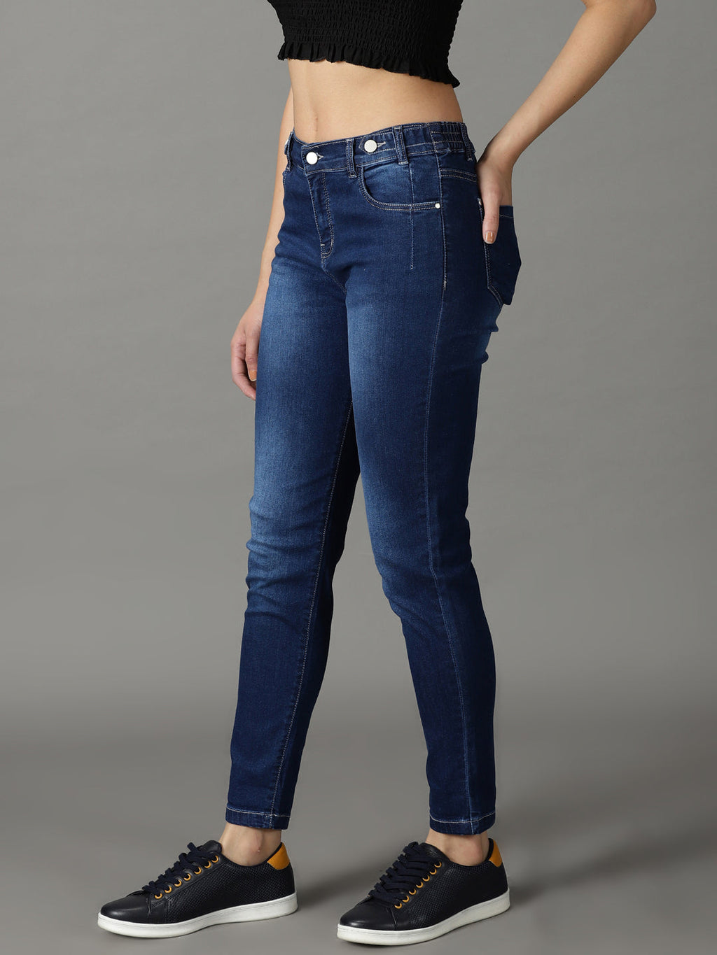 Women's Navy Blue High-Rise Light Fade Acid Wash Stretchable Cotton Jeans