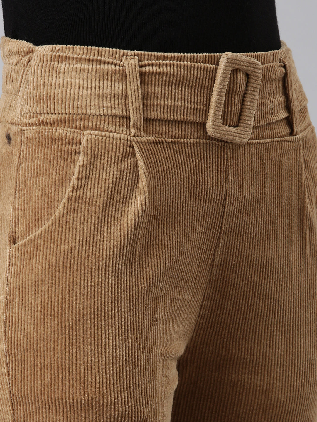 Women's Khaki Slim Fit High-Rise Pleated Peg Trousers