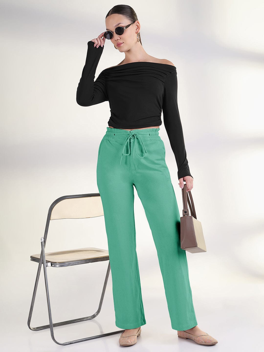 Women's Green Straight Fit Cotton Trousers with Waist Tie up and Button