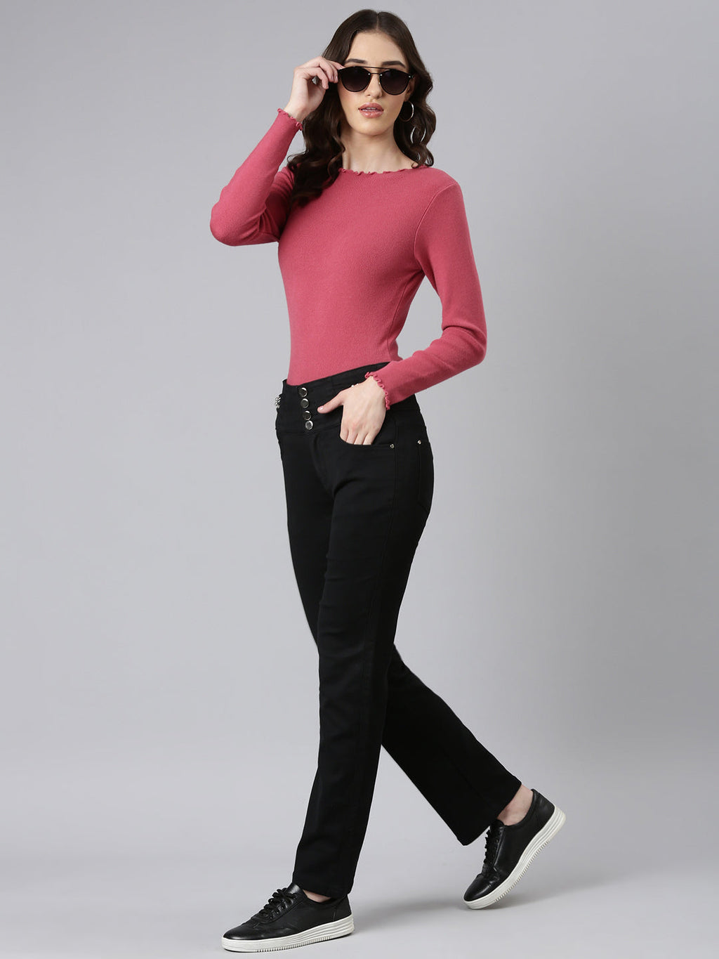 Women's Black High-Rise Straight Fit Denim Jeans