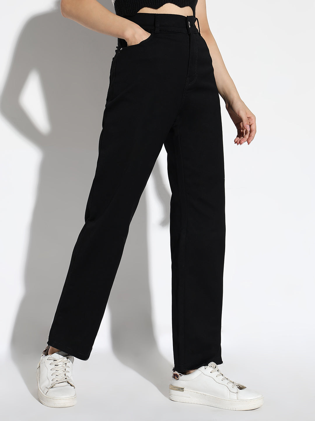 Women's Black Cotton Comfort Straight Fit Acid Wash Stretchable Jeans