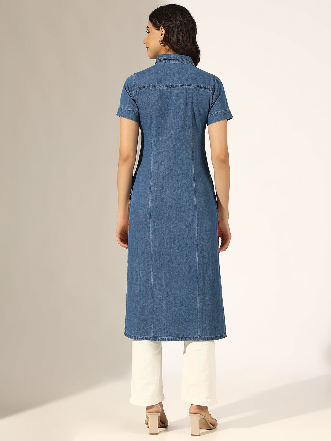 Women's Blue Denim Kurta with Shirt Collar Neck