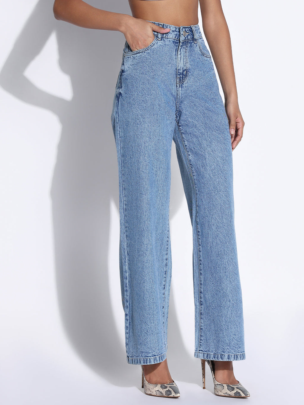 Women's Solid Blue Wide Leg Jeans