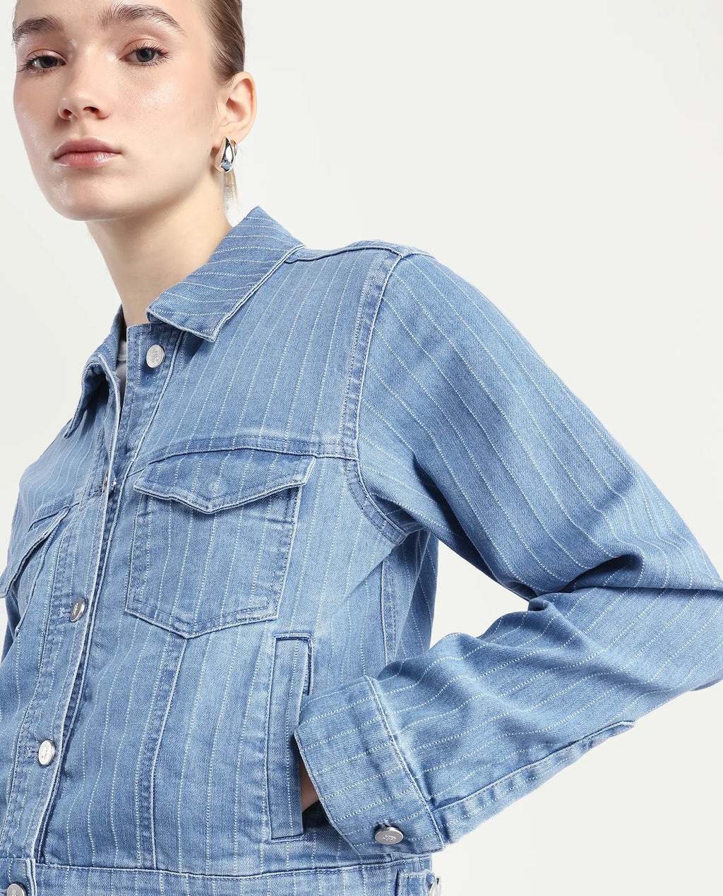 Rareism Women's Luz Light Blue Cotton Blend Spread Collar Striped Cuffed Sleeve Regular Fit Jacket