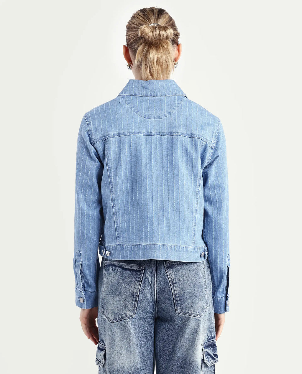 Rareism Women's Luz Light Blue Cotton Blend Spread Collar Striped Cuffed Sleeve Regular Fit Jacket