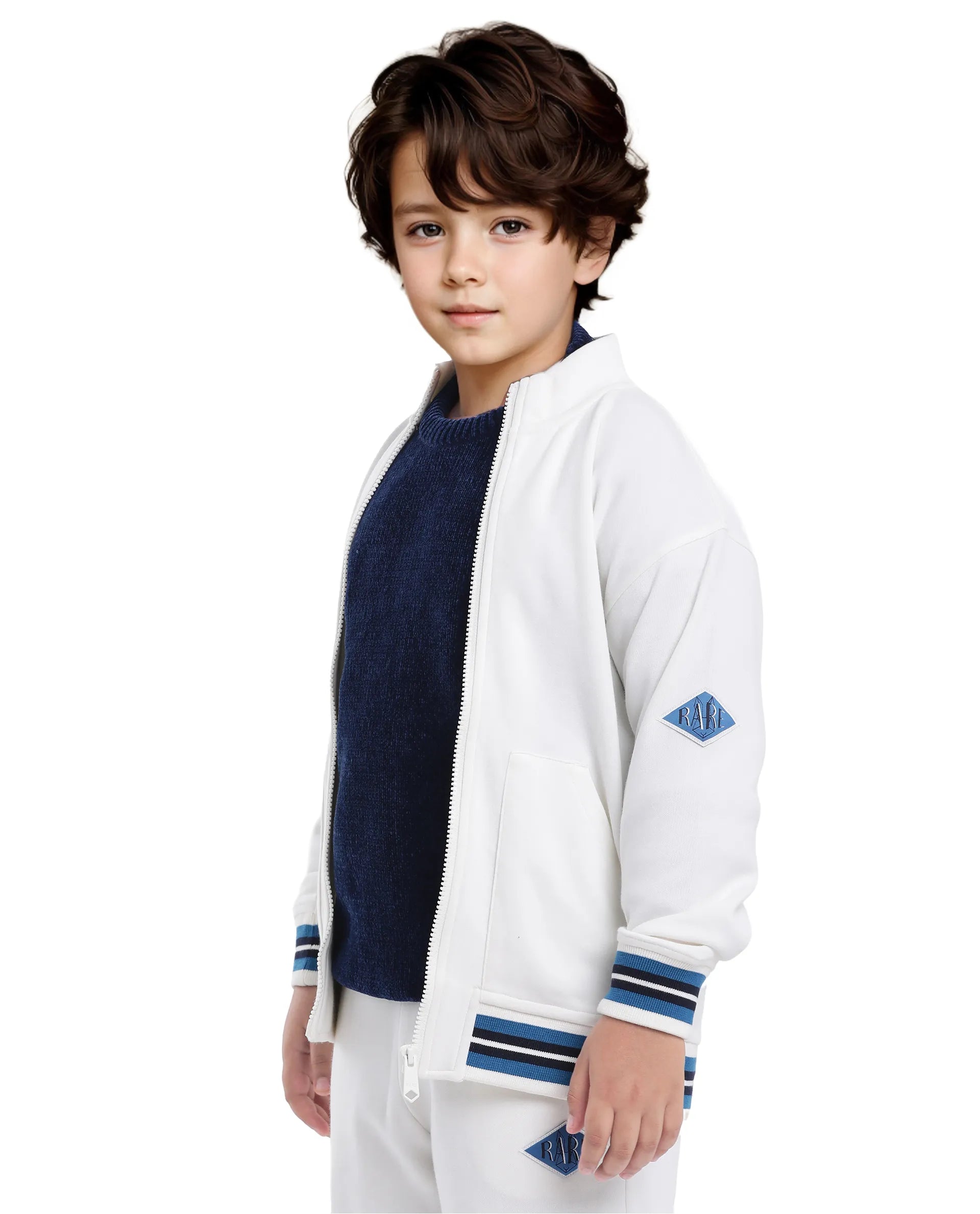 Rare Ones Kids Manttn White Cotton Poly Full Sleeve Applique Jacket