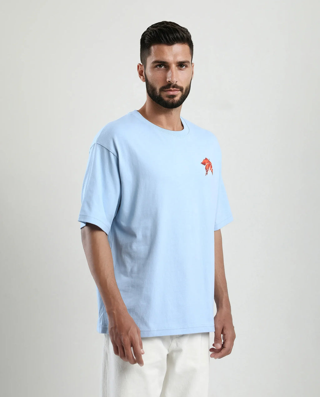 Rare Rabbit Men's Mapler Blue Cotton Graphic Print Oversized Fit Half Sleeve Crew Neck T-Shirt
