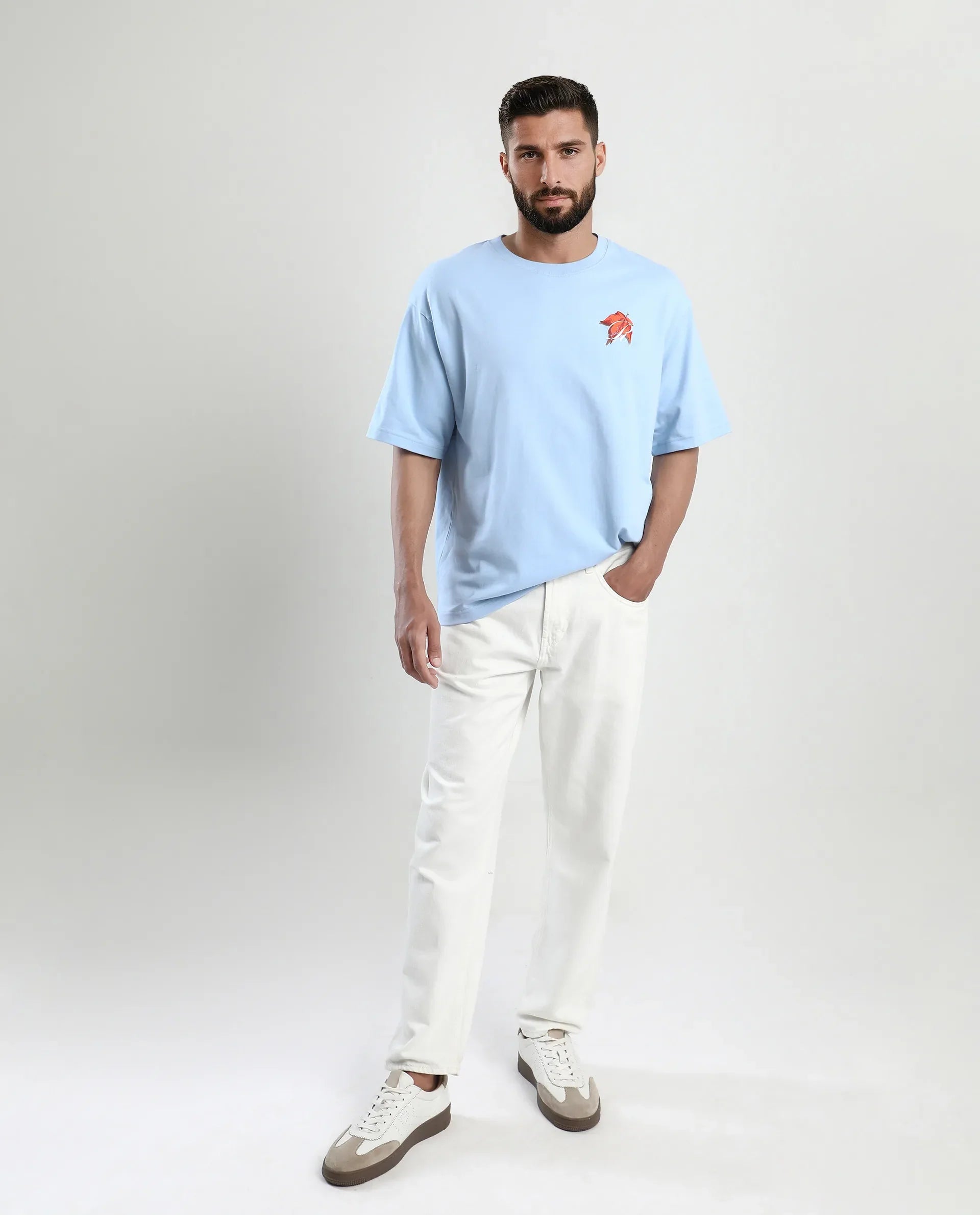 Rare Rabbit Men's Mapler Blue Cotton Graphic Print Oversized Fit Half Sleeve Crew Neck T-Shirt