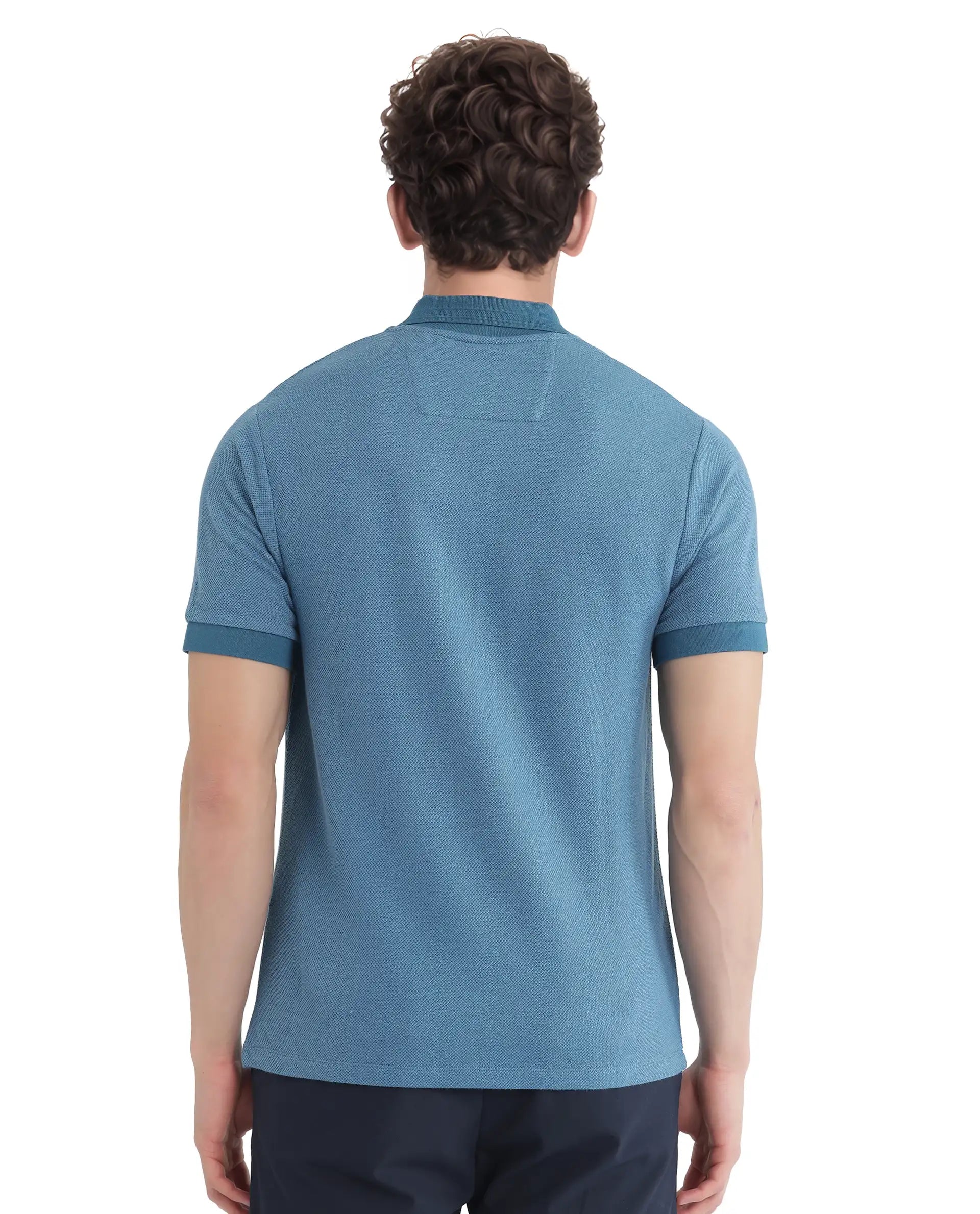 Rare Rabbit Men's Marcelon Teal Cotton Blend Jacquard Regular Fit Half Sleeve Polo