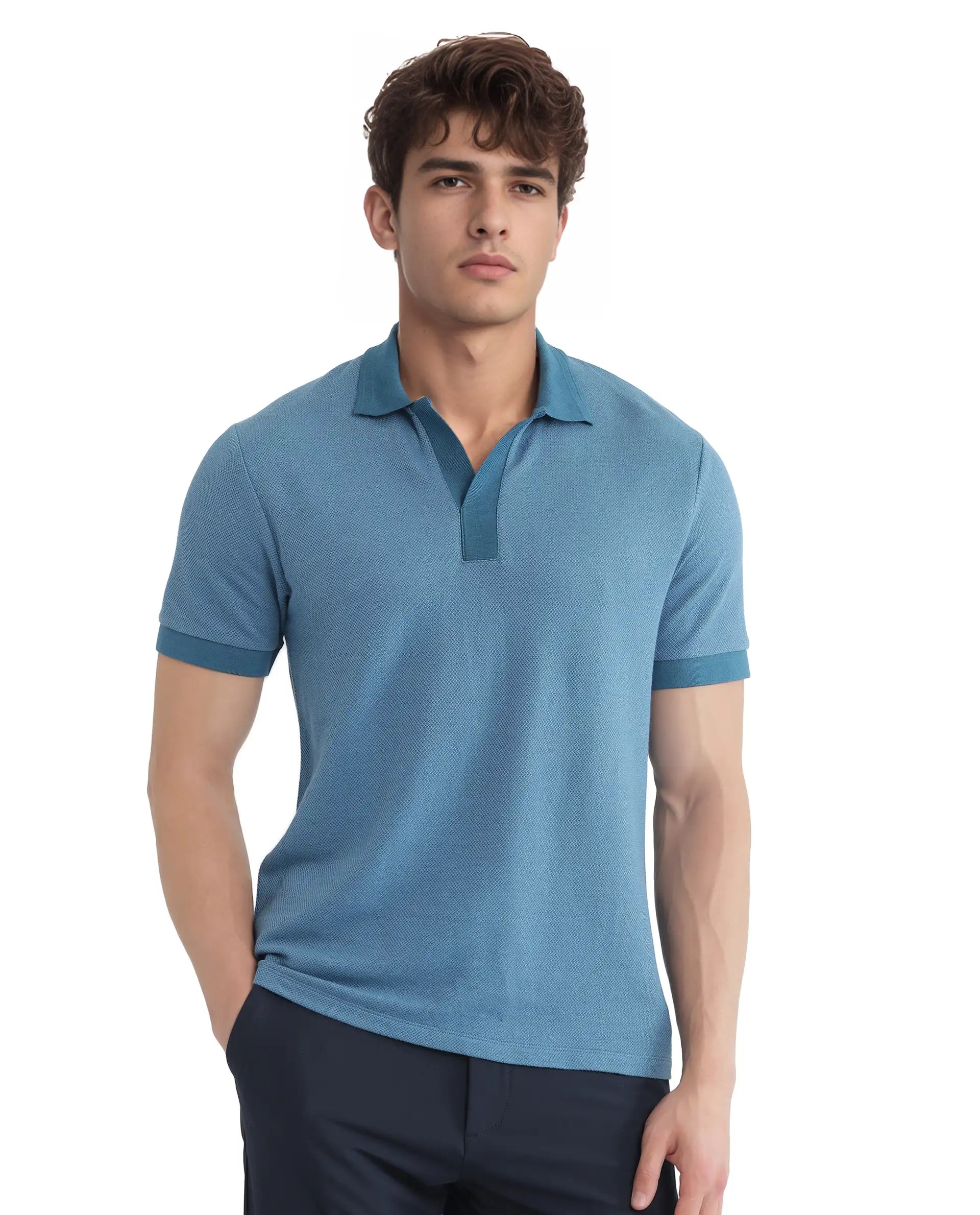 Rare Rabbit Men's Marcelon Teal Cotton Blend Jacquard Regular Fit Half Sleeve Polo