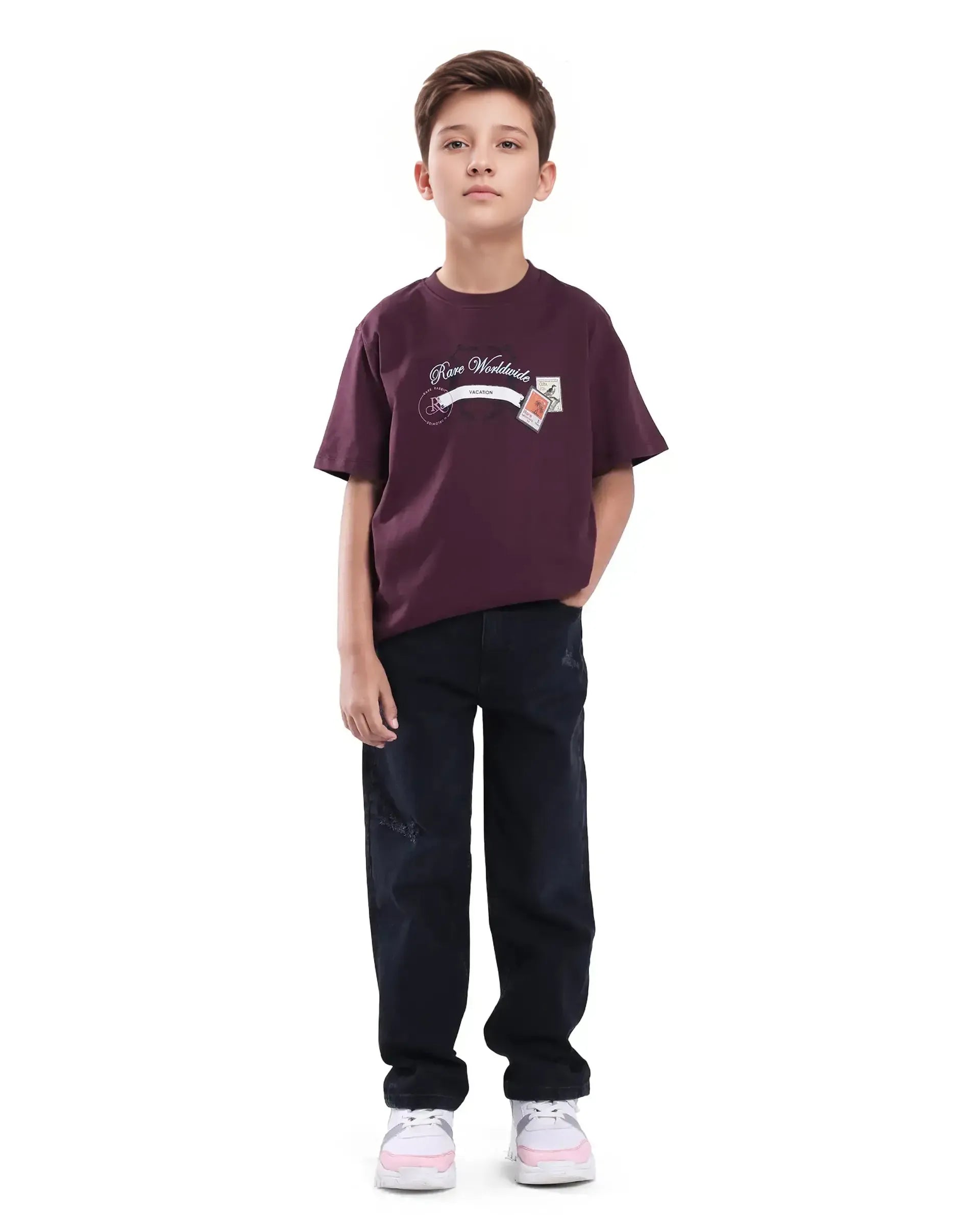 Rare Ones Kids Marn Maroon Cotton Blend Half Sleeve Slip-On Printed Regular Fit T-Shirt