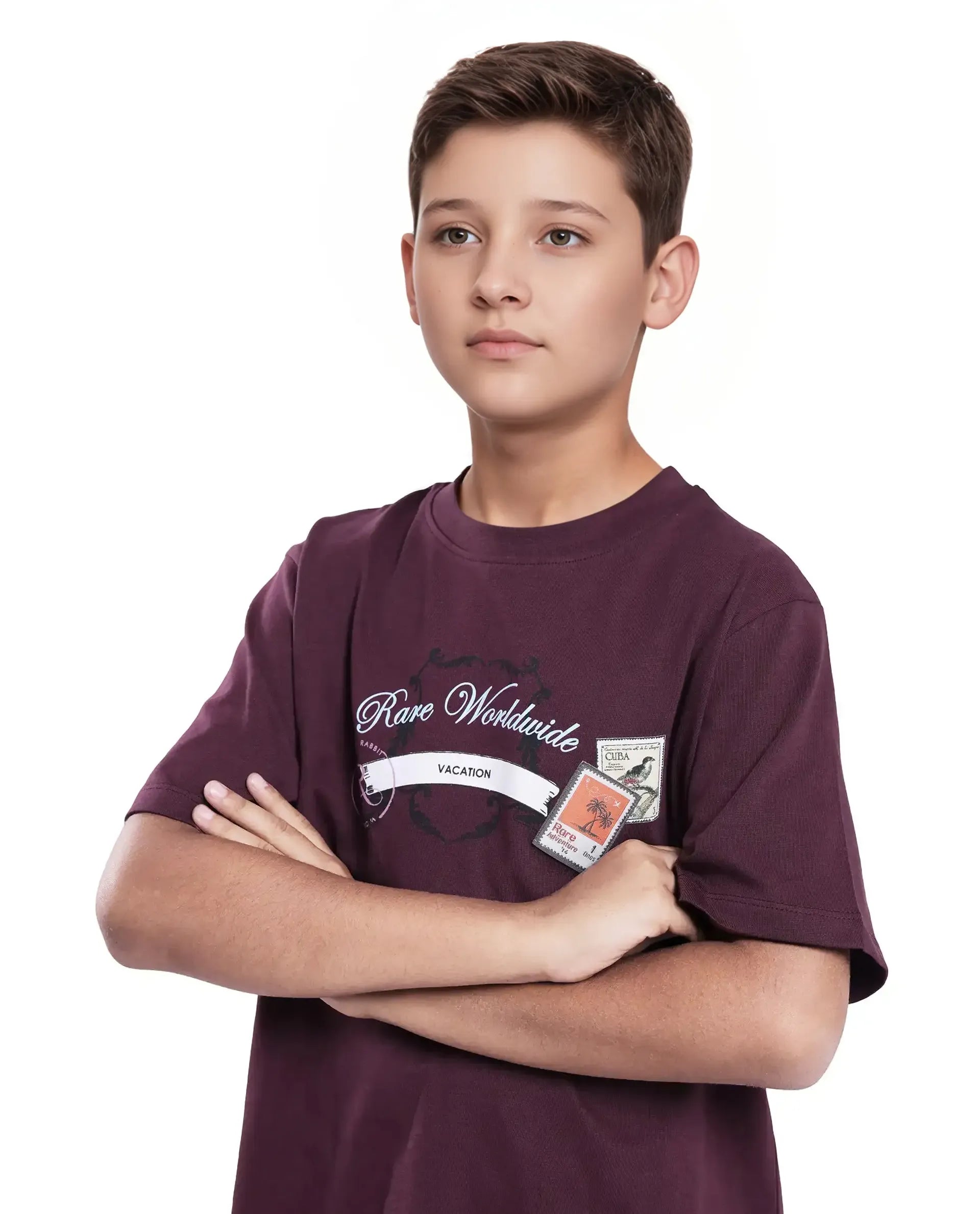 Rare Ones Kids Marn Maroon Cotton Blend Half Sleeve Slip-On Printed Regular Fit T-Shirt