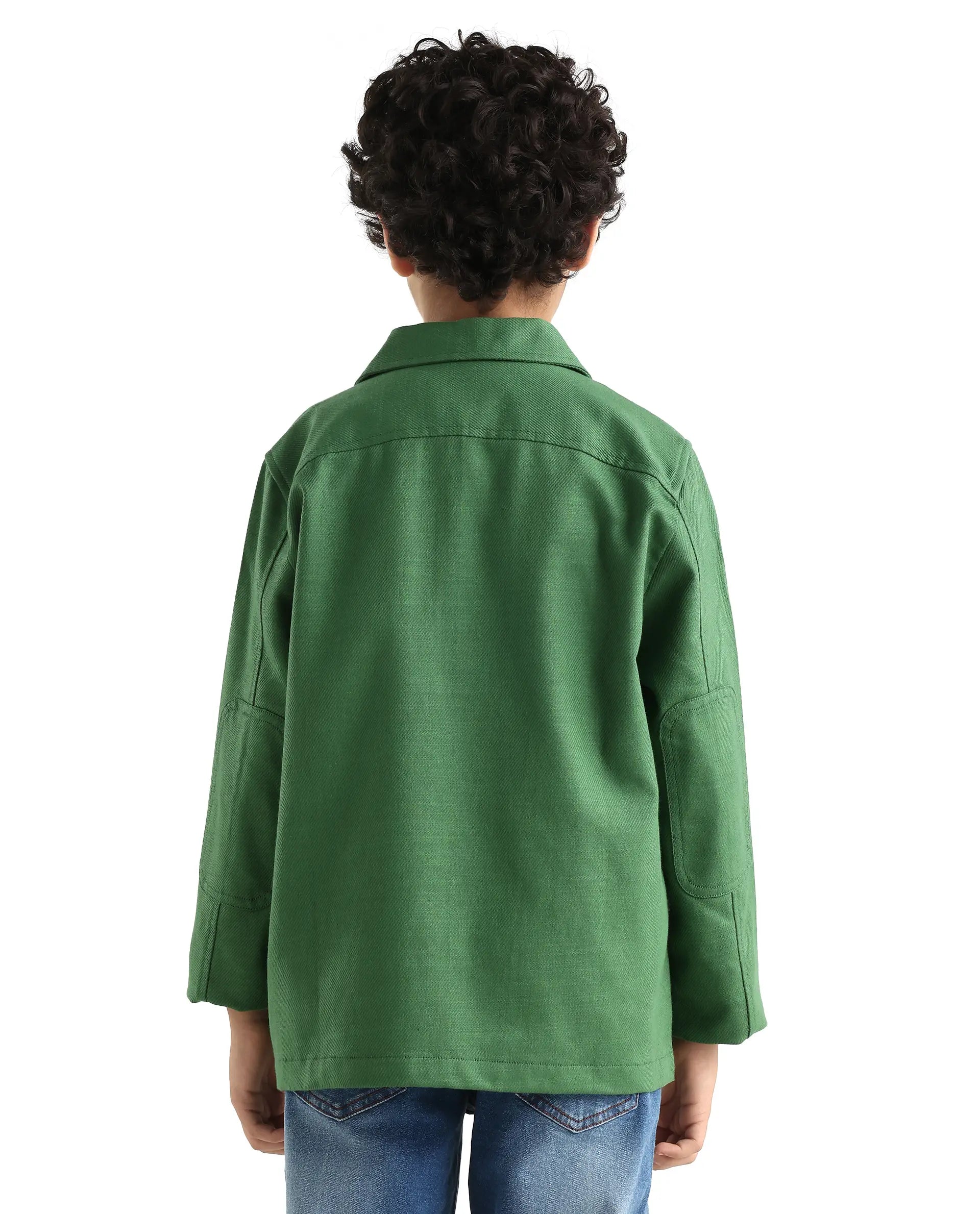 Rare Ones Kids Masa Green Cotton Button Closure Flat Collar Plain Full Sleeves Slim Fit Jacket