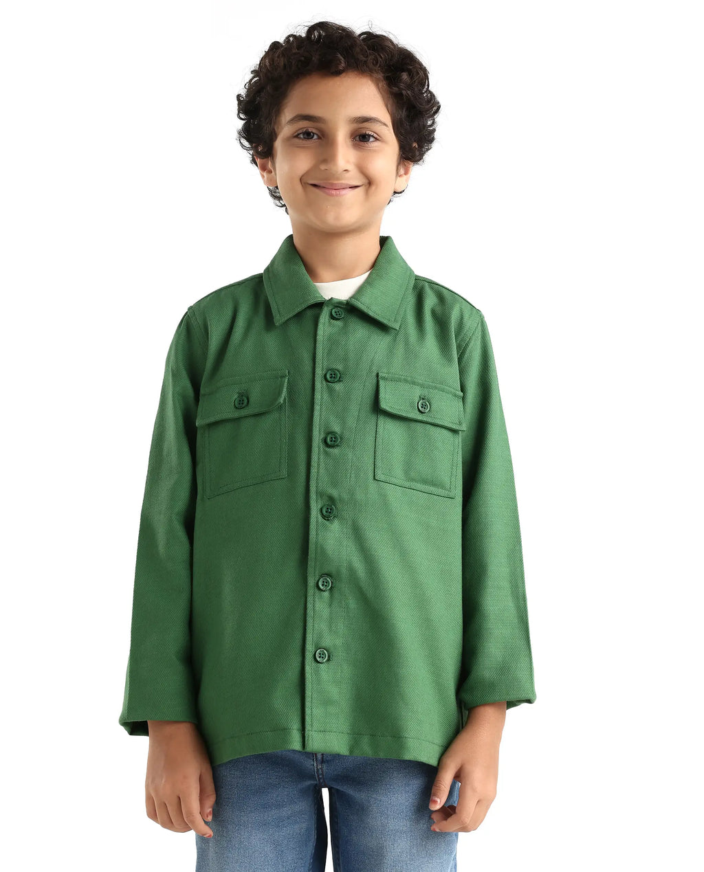 Rare Ones Kids Masa Green Cotton Button Closure Flat Collar Plain Full Sleeves Slim Fit Jacket