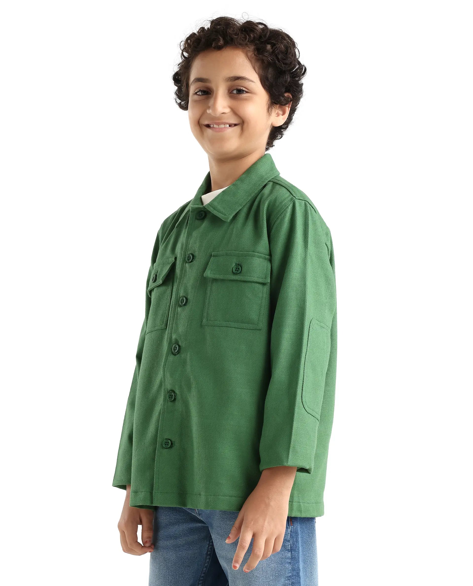 Rare Ones Kids Masa Green Cotton Button Closure Flat Collar Plain Full Sleeves Slim Fit Jacket