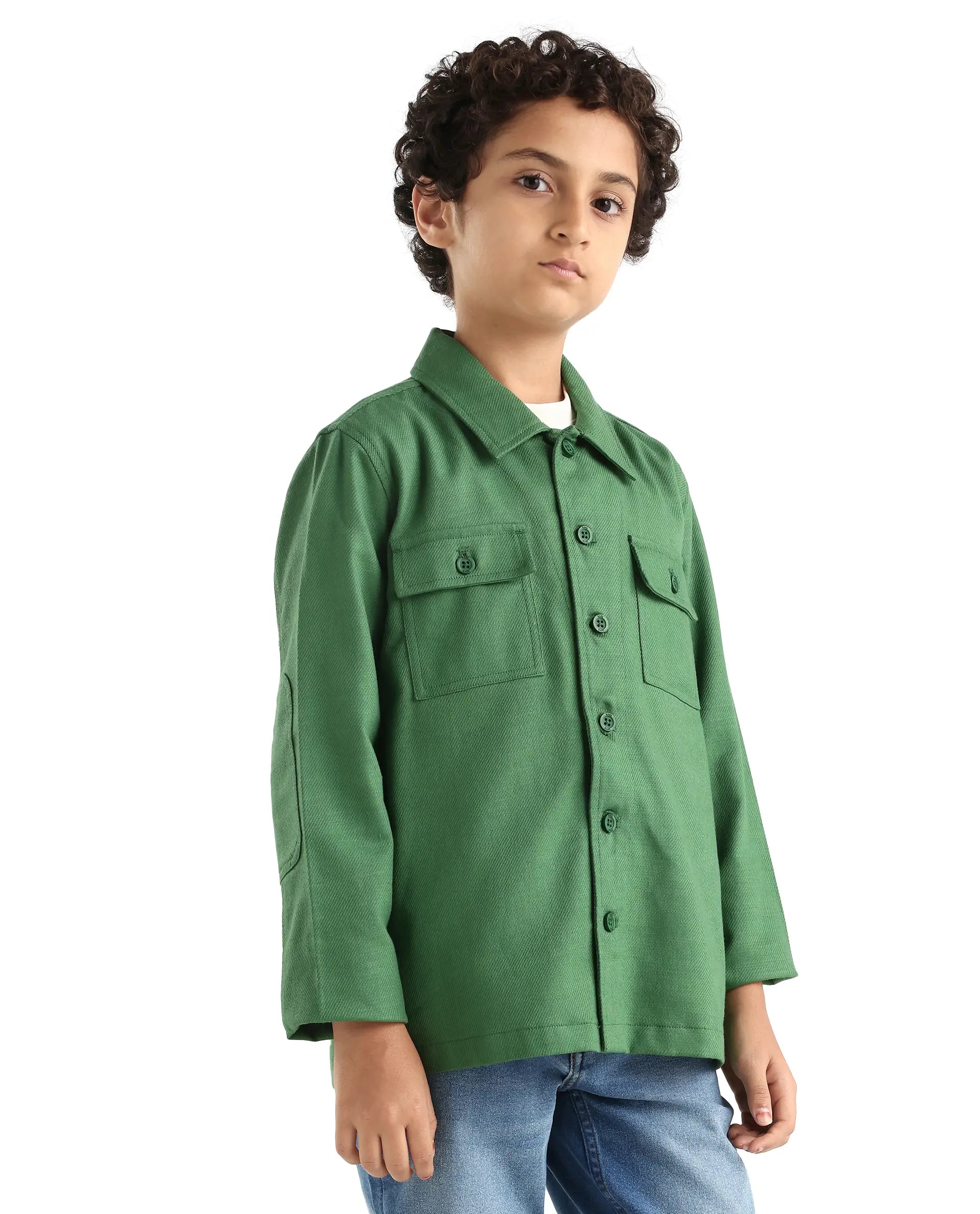 Rare Ones Kids Masa Green Cotton Button Closure Flat Collar Plain Full Sleeves Slim Fit Jacket