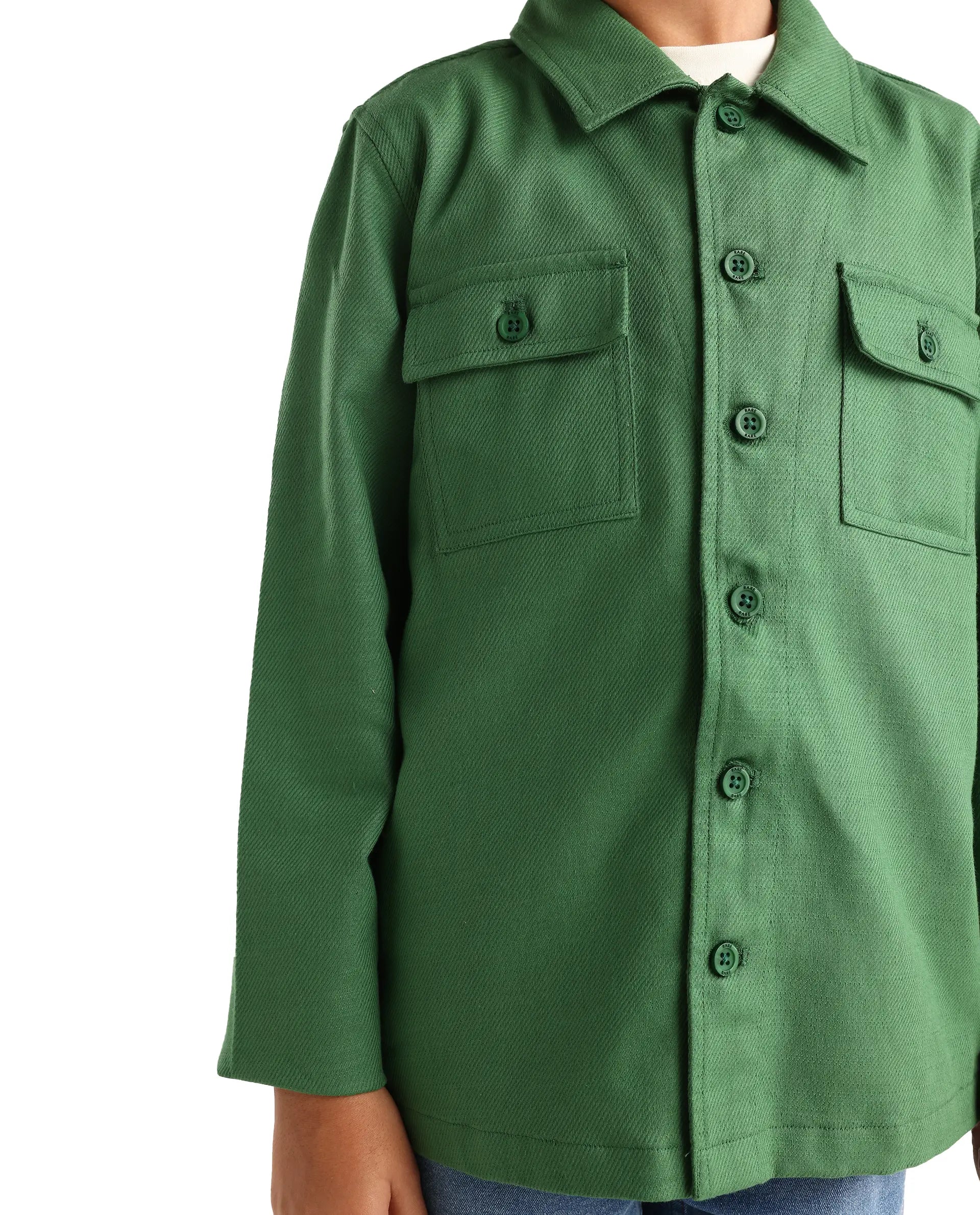 Rare Ones Kids Masa Green Cotton Button Closure Flat Collar Plain Full Sleeves Slim Fit Jacket