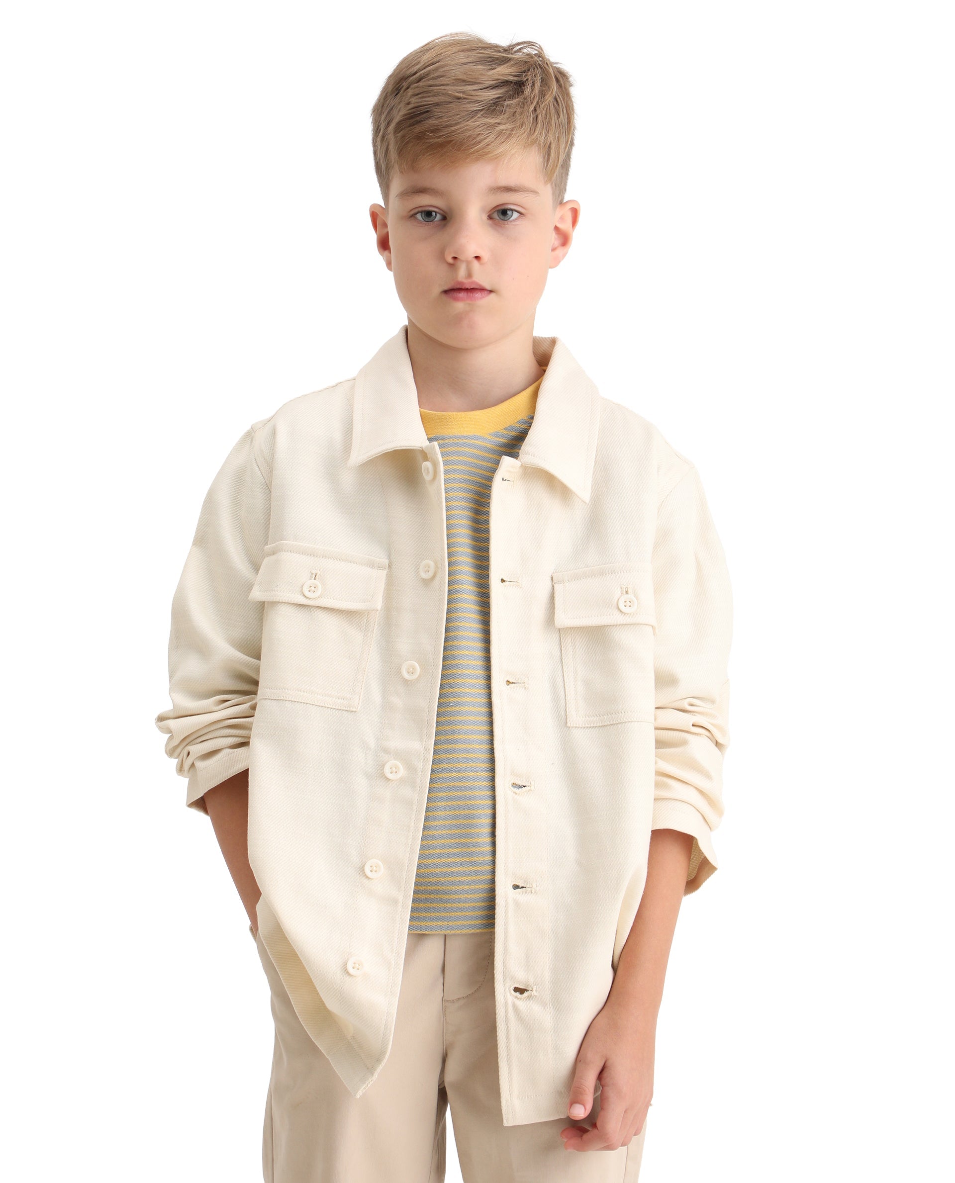 Rare Ones Kids Masa Off White Cotton Button Closure Flat Collar Plain Full Sleeves Slim Fit Jacket