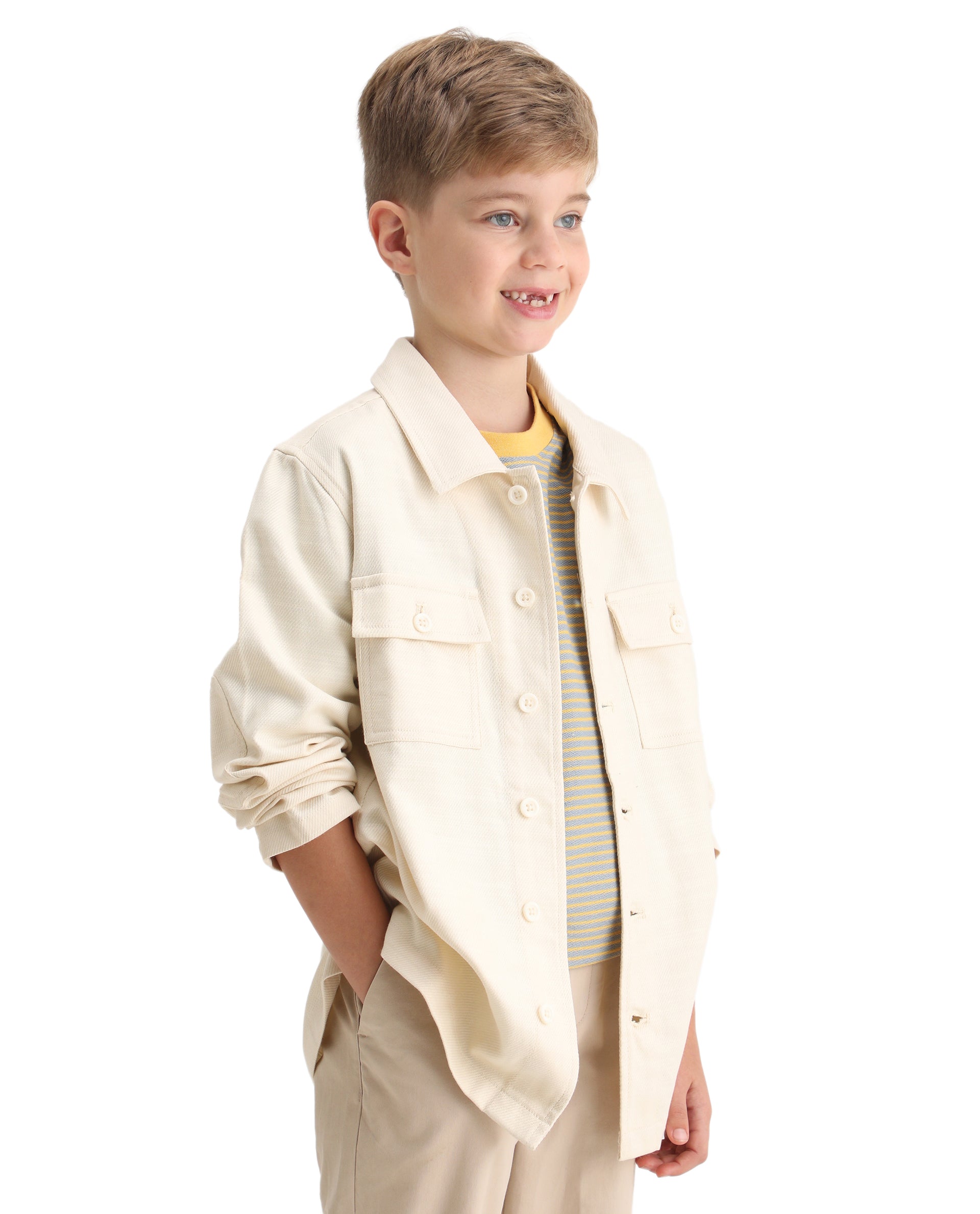 Rare Ones Kids Masa Off White Cotton Button Closure Flat Collar Plain Full Sleeves Slim Fit Jacket