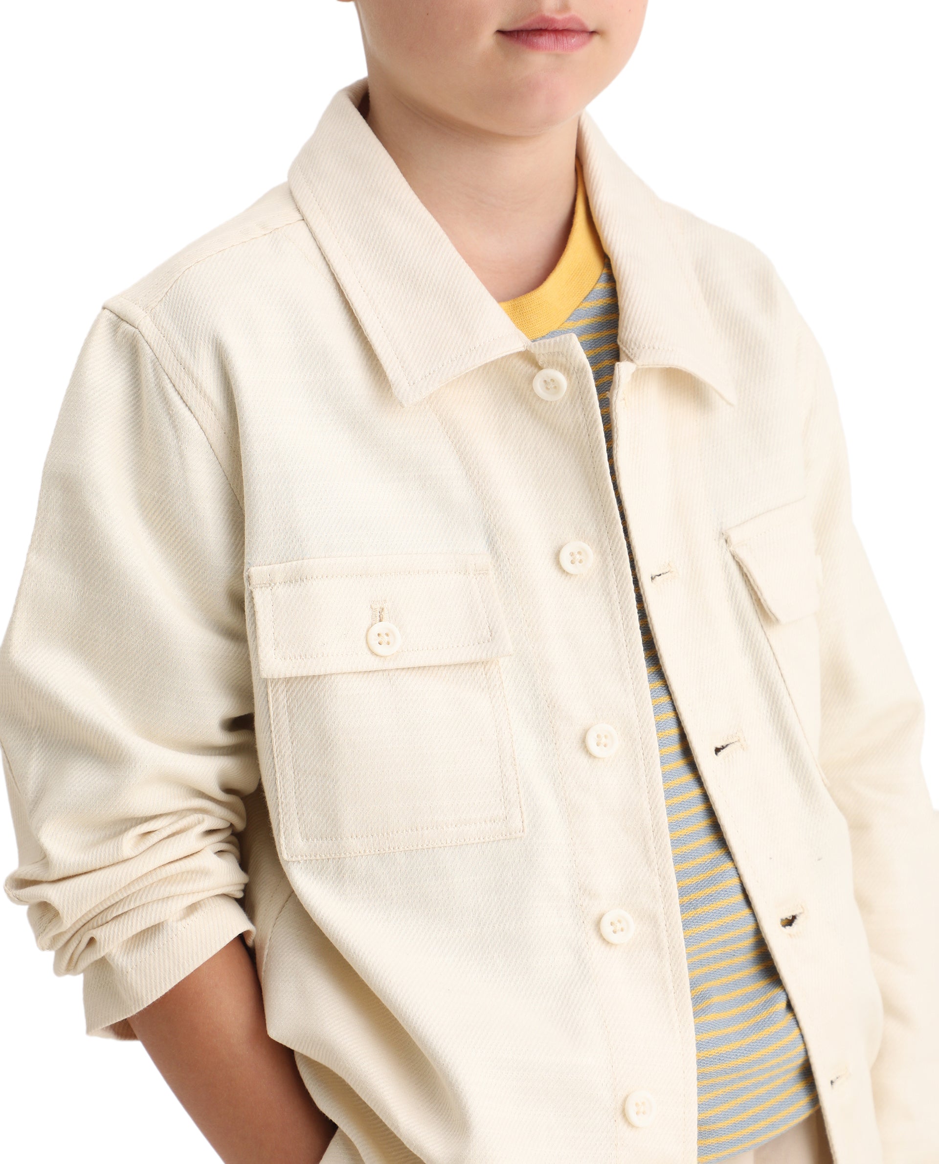 Rare Ones Kids Masa Off White Cotton Button Closure Flat Collar Plain Full Sleeves Slim Fit Jacket