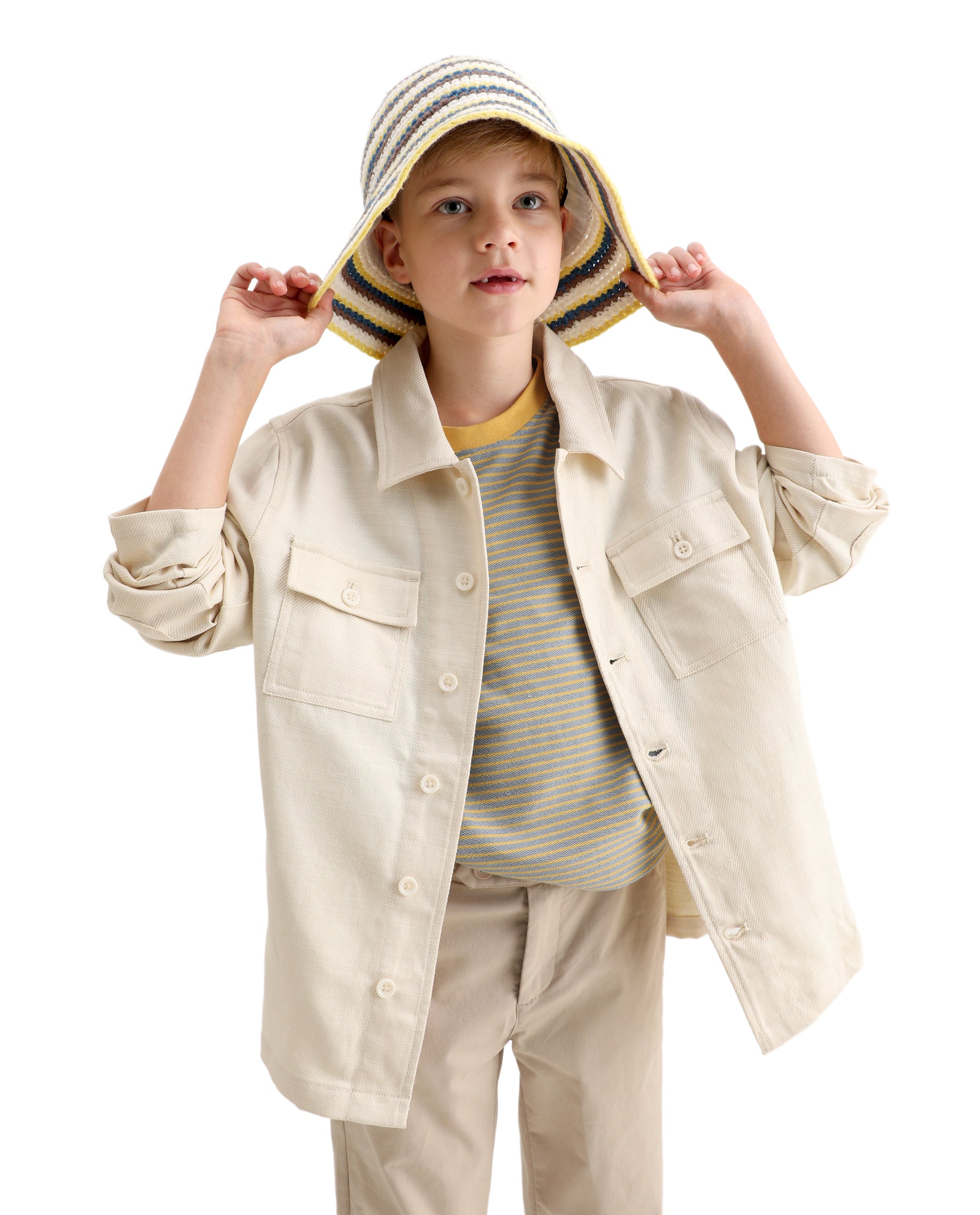 Rare Ones Kids Masa Off White Cotton Button Closure Flat Collar Plain Full Sleeves Slim Fit Jacket