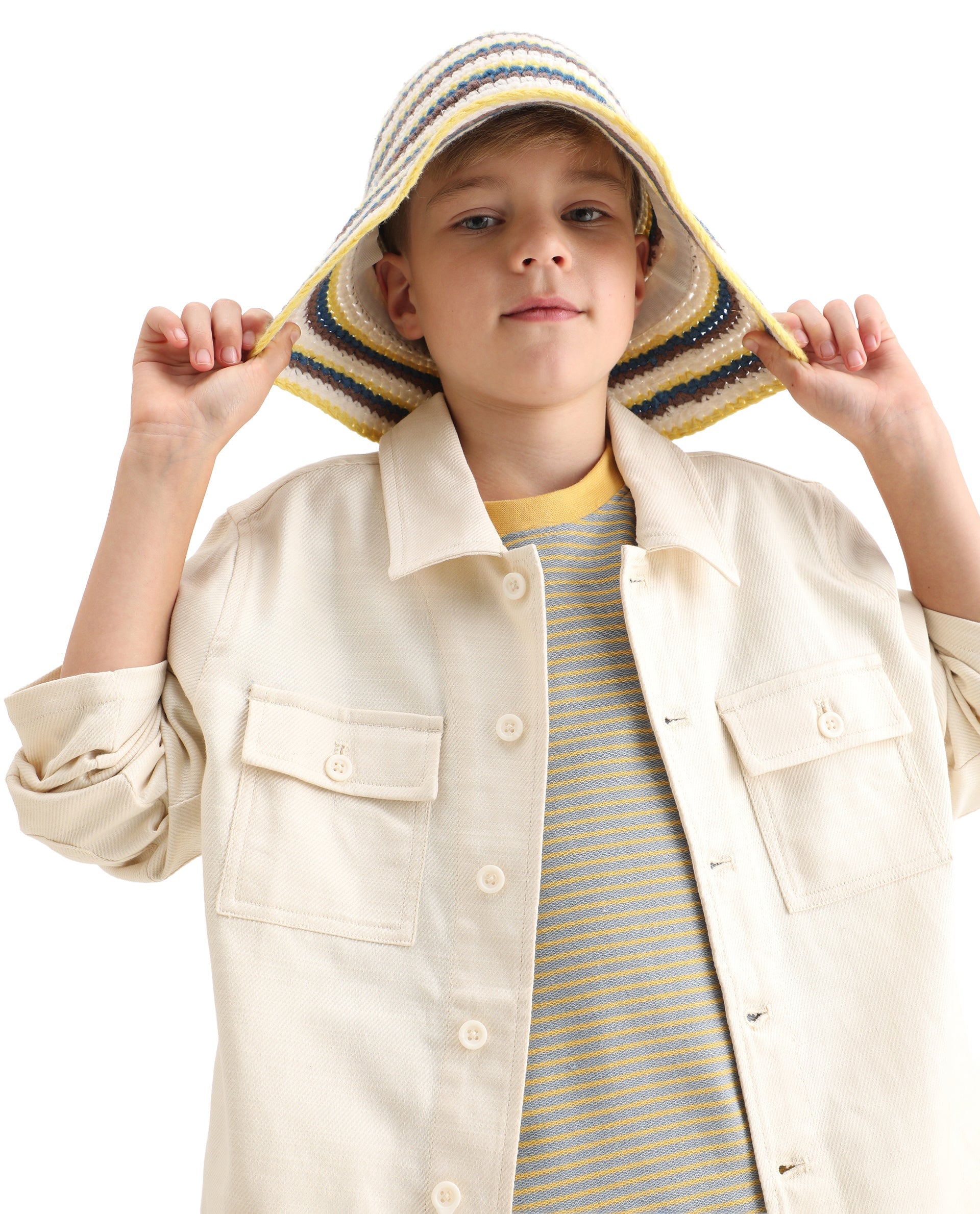 Rare Ones Kids Masa Off White Cotton Button Closure Flat Collar Plain Full Sleeves Slim Fit Jacket