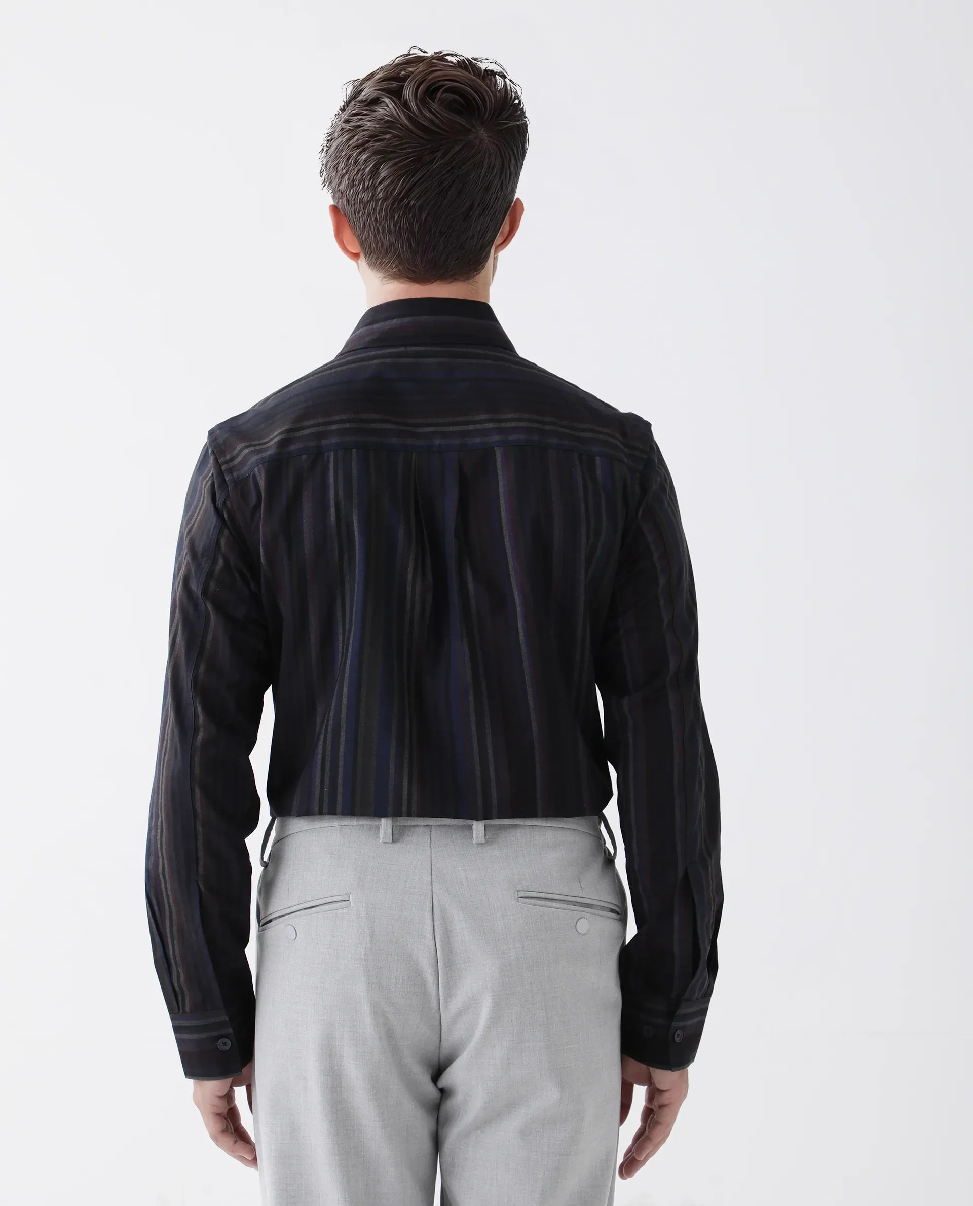 Rare Rabbit Men's Matis Black Viscose Striped Print Relaxed Fit Full Sleeve Collared Shirt