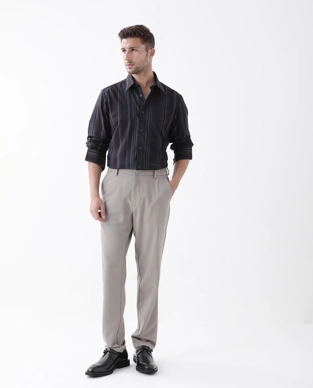 Rare Rabbit Men's Matis Black Viscose Striped Print Relaxed Fit Full Sleeve Collared Shirt