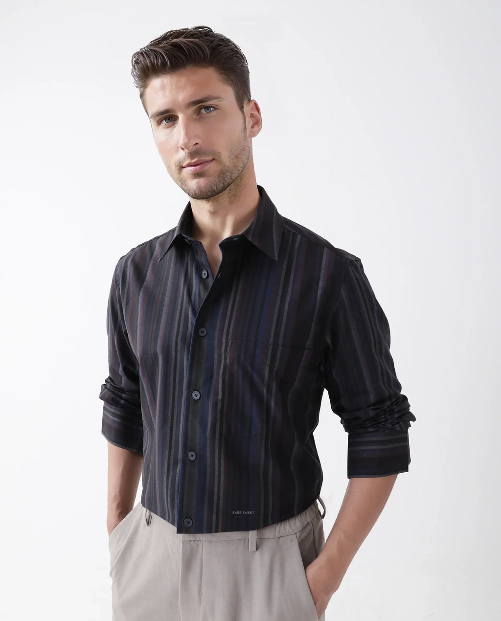 Rare Rabbit Men's Matis Black Viscose Striped Print Relaxed Fit Full Sleeve Collared Shirt