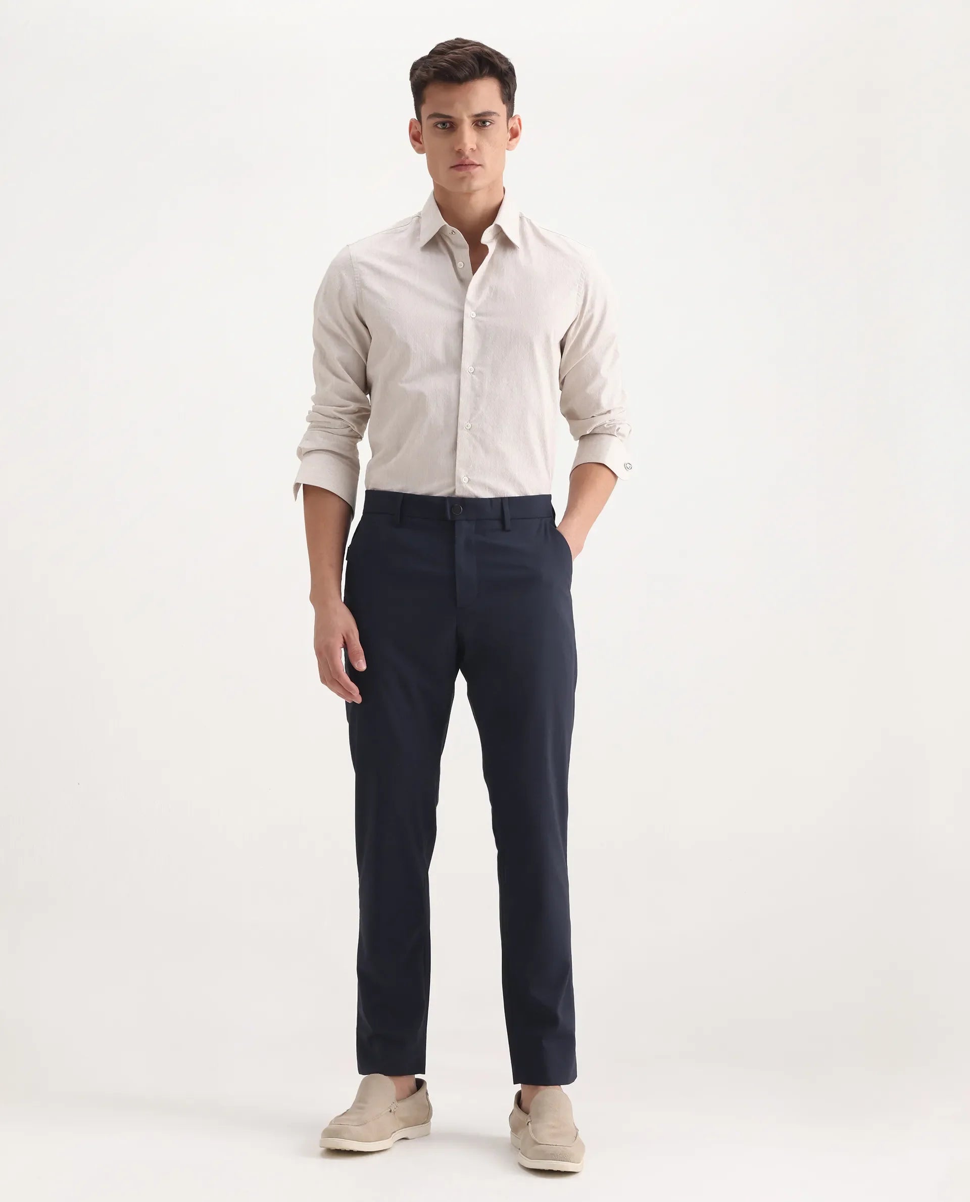 Rare Rabbit Men's Micras Navy Cotton Blend Checked Print Regular Fit Trouser