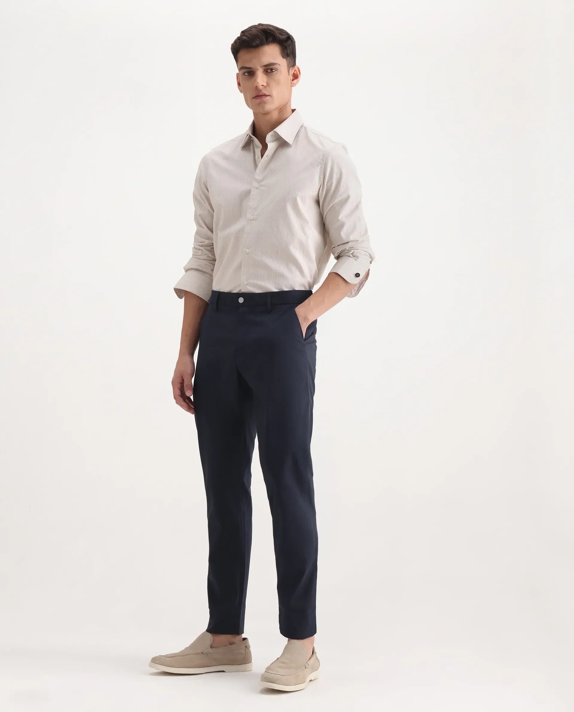 Rare Rabbit Men's Micras Navy Cotton Blend Checked Print Regular Fit Trouser